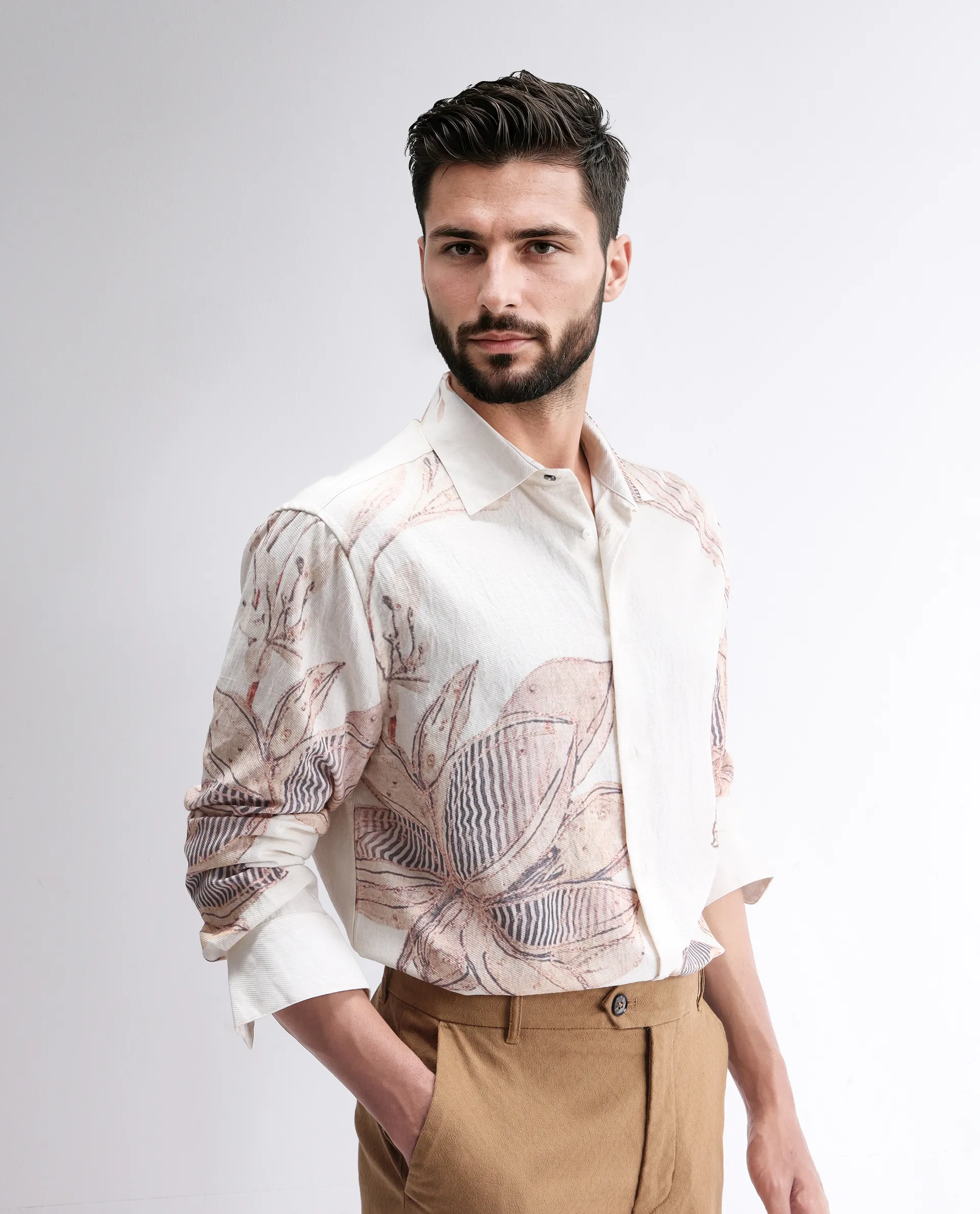 Rare Rabbit Men's Taks White Viscose Blend Floral Print Regular Fit Full Sleeve Collared Shirt - Image 6