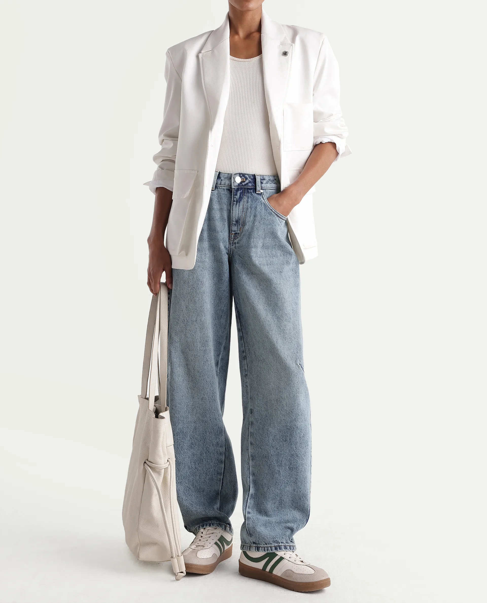 Rareism Women's Talbeia Light Blue Cotton Tall Barrel Fit Plain Jeans - Image 2