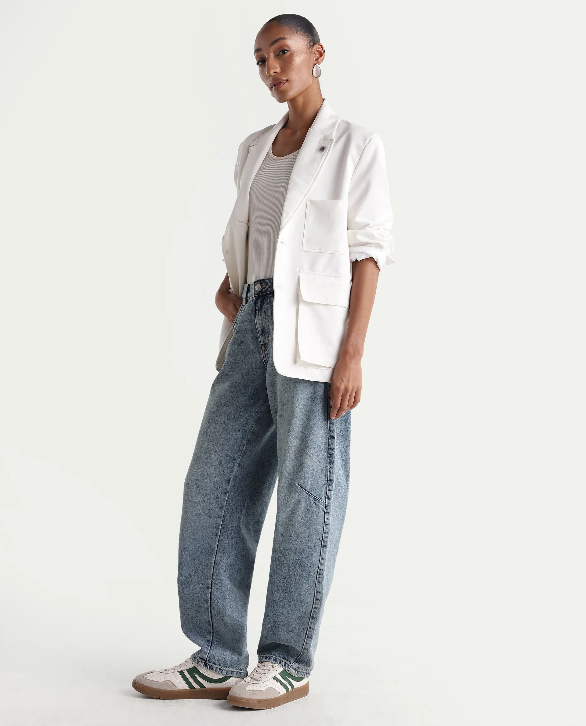 Rareism Women's Talbeia Light Blue Cotton Tall Barrel Fit Plain Jeans - Image 6