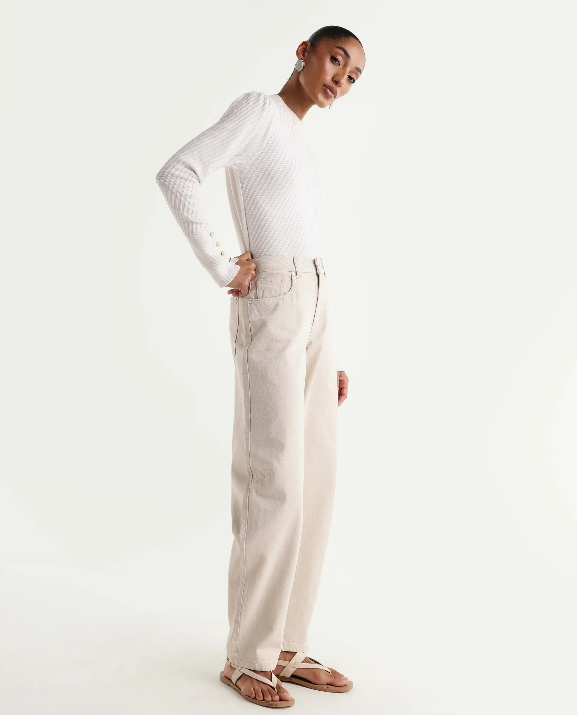 Rareism Women's Talben Beige Cotton Tall Barrel Fit Plain Jeans - Image 6