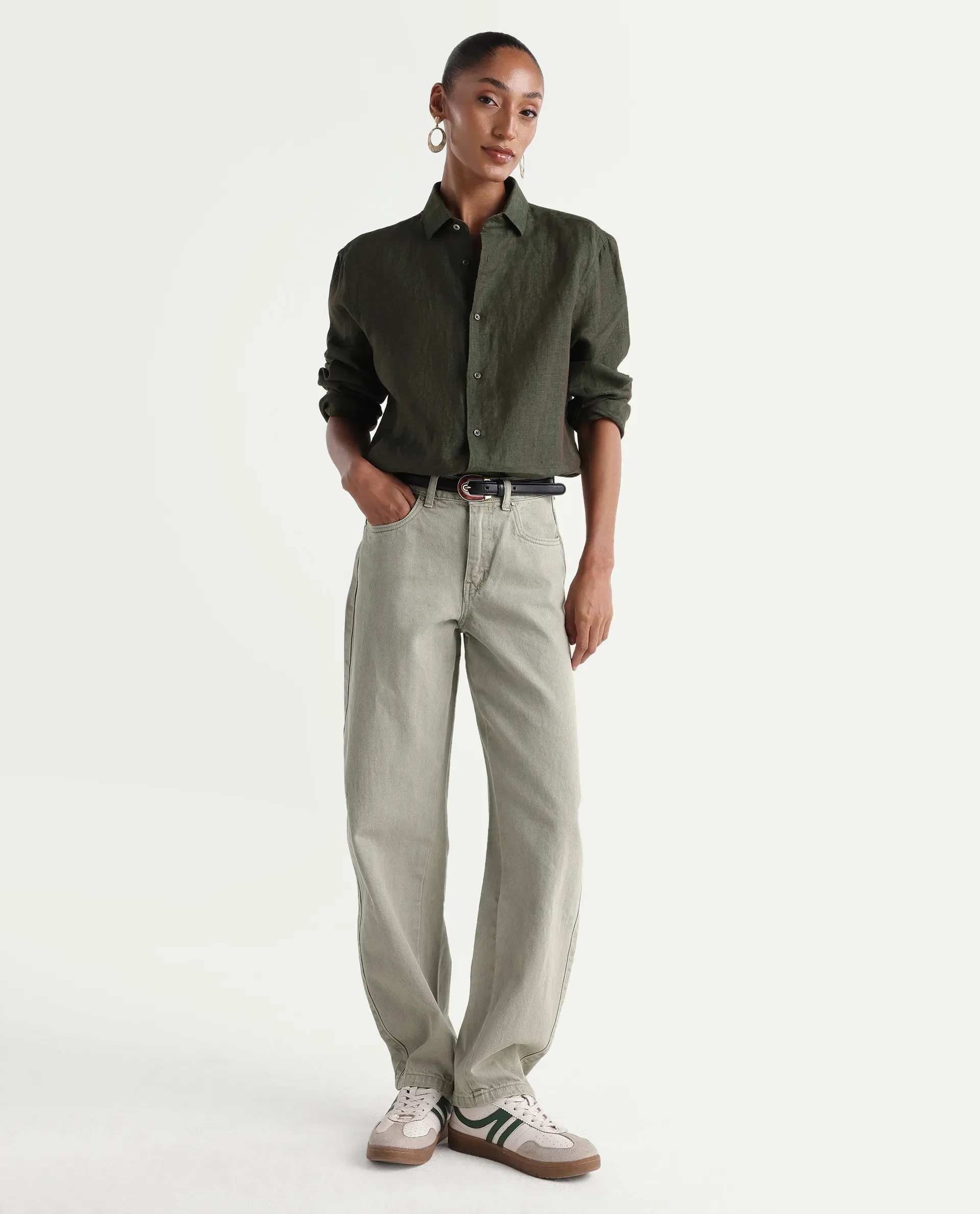 Rareism Women's Talbo Olive Cotton Plain Tall Barrel Fit Jeans - Image 3