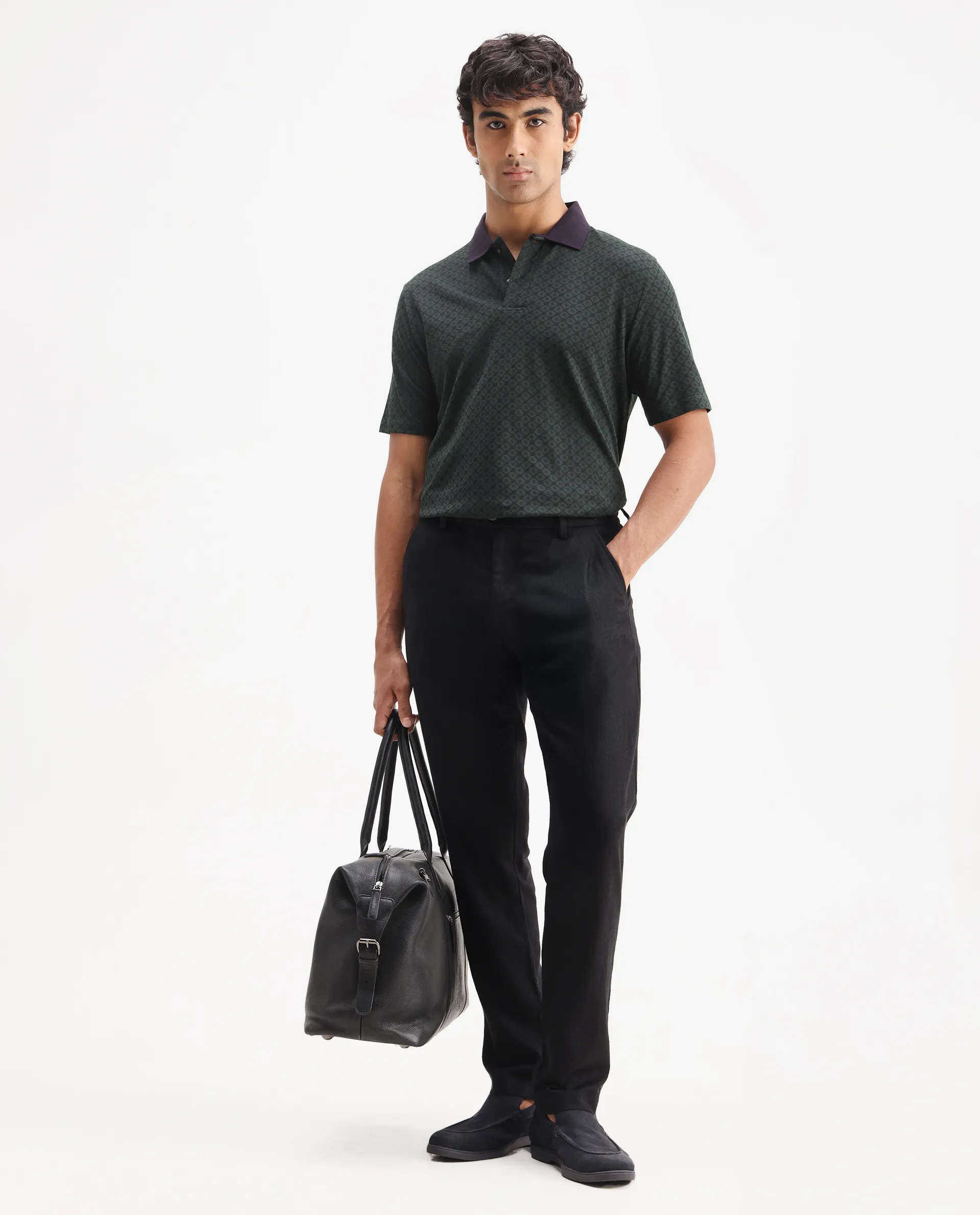 Rare Rabbit Men's Talbot Dark Green Cotton Monogram Print Regular Fit Half Sleeve Polo - Image 2