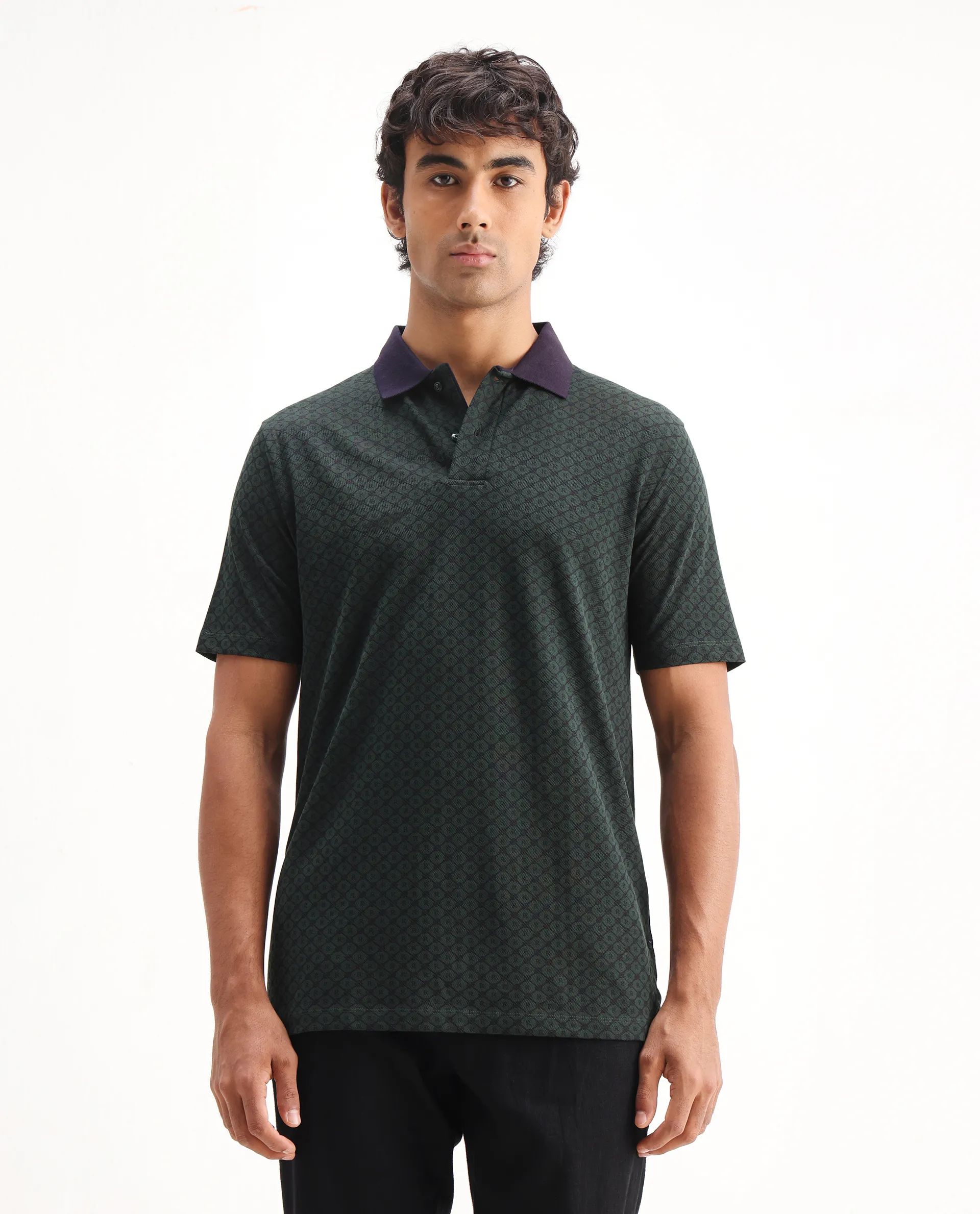 Rare Rabbit Men's Talbot Dark Green Cotton Monogram Print Regular Fit Half Sleeve Polo - Image 4