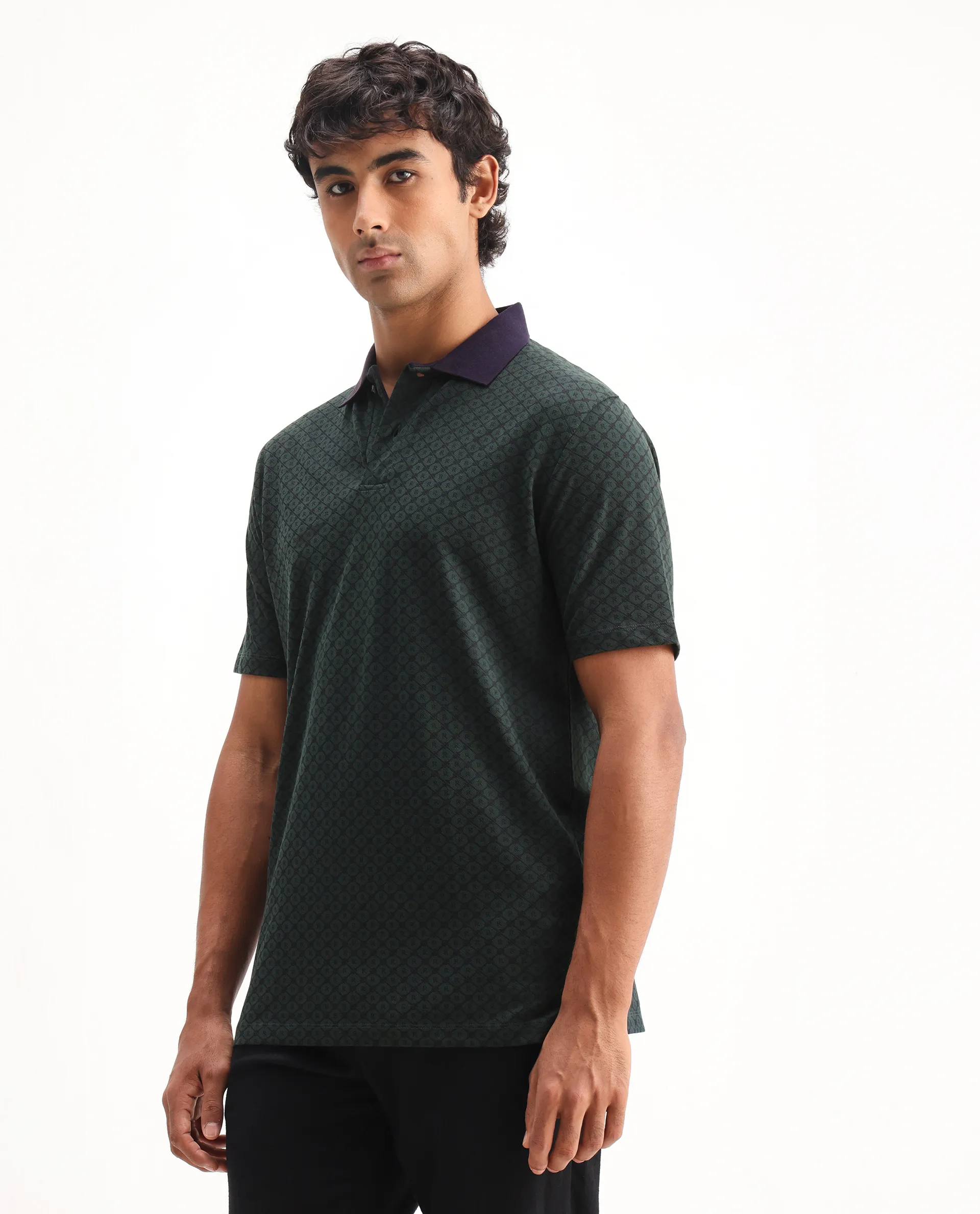 Rare Rabbit Men's Talbot Dark Green Cotton Monogram Print Regular Fit Half Sleeve Polo - Image 5