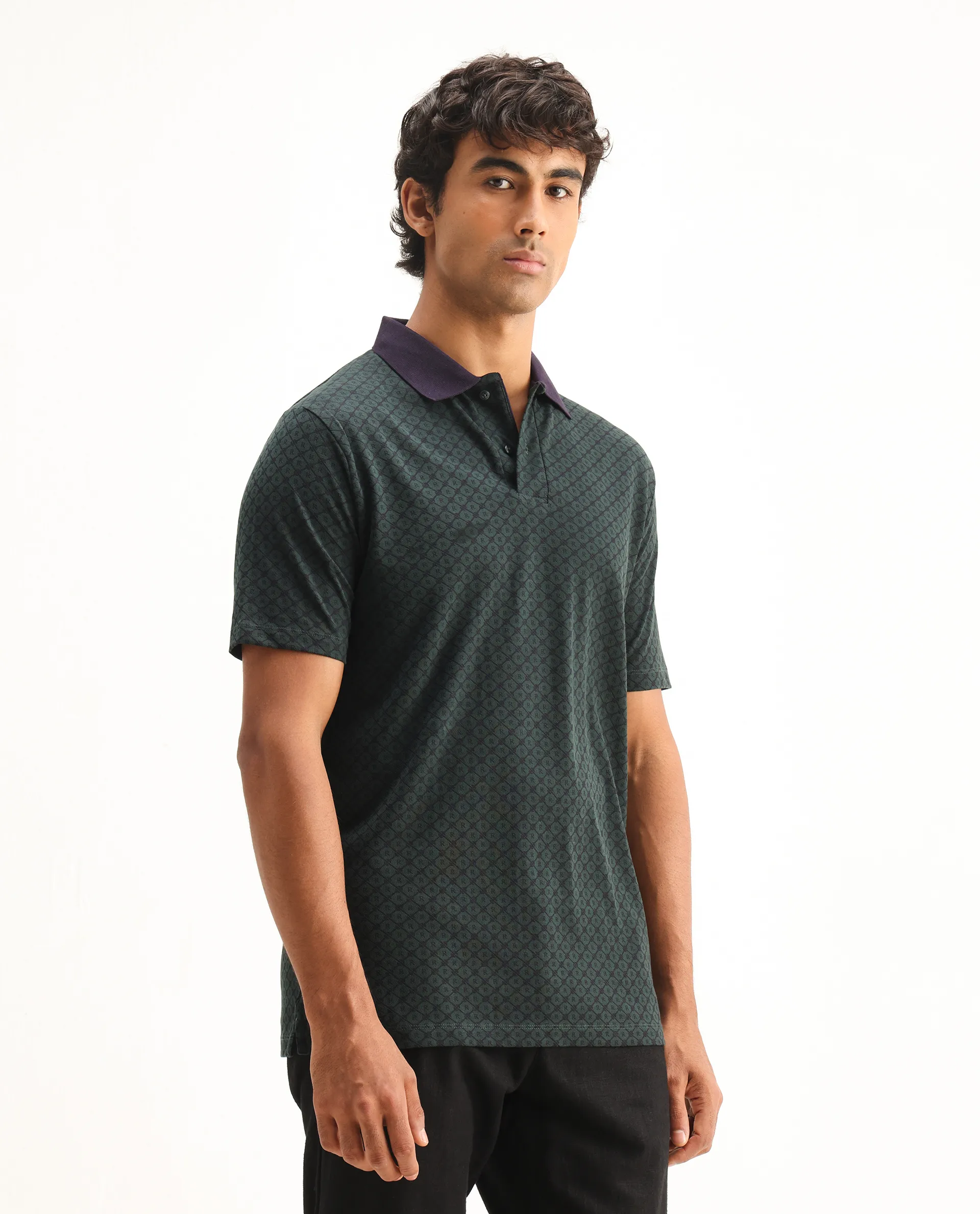 Rare Rabbit Men's Talbot Dark Green Cotton Monogram Print Regular Fit Half Sleeve Polo - Image 6