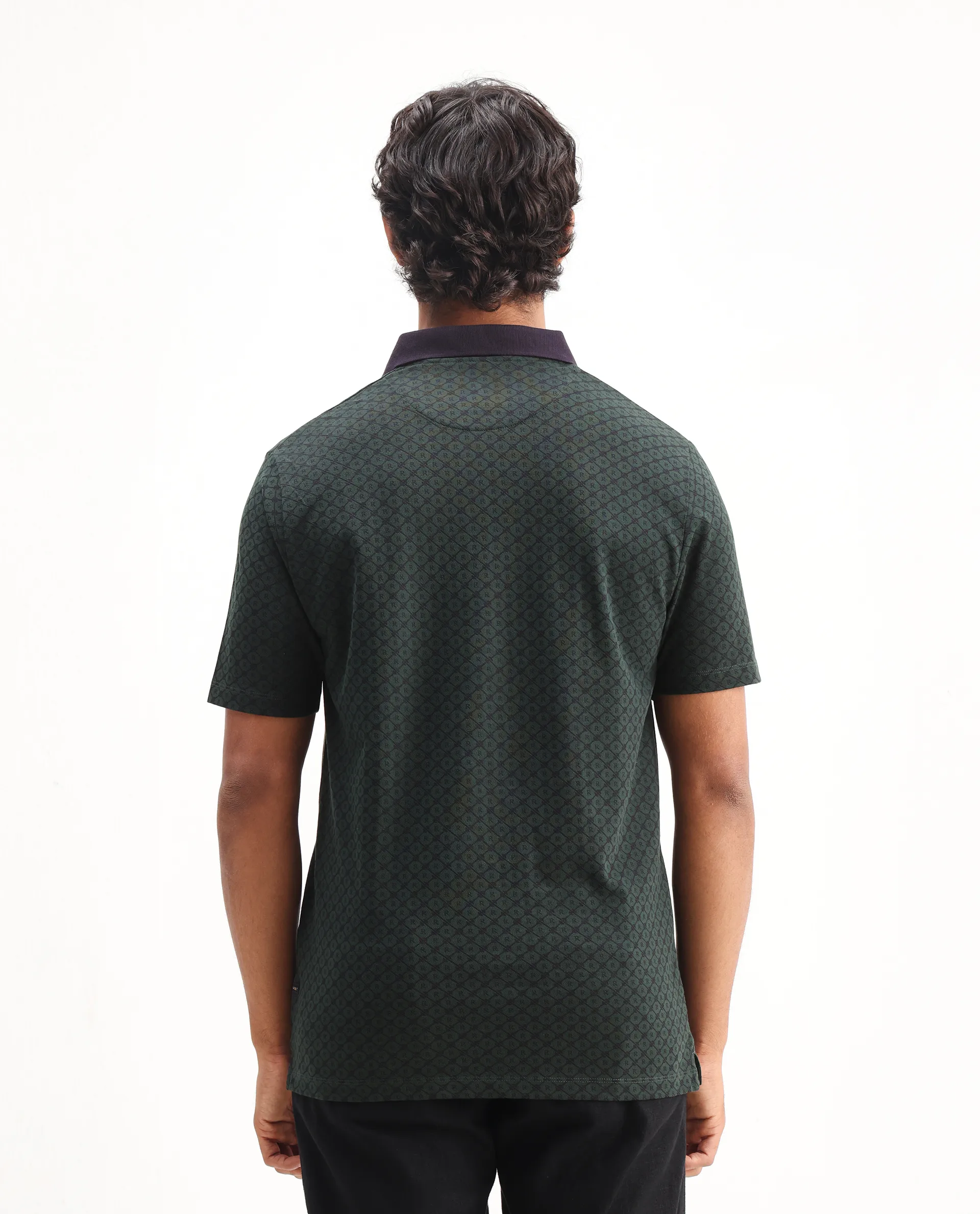 Rare Rabbit Men's Talbot Dark Green Cotton Monogram Print Regular Fit Half Sleeve Polo - Image 7