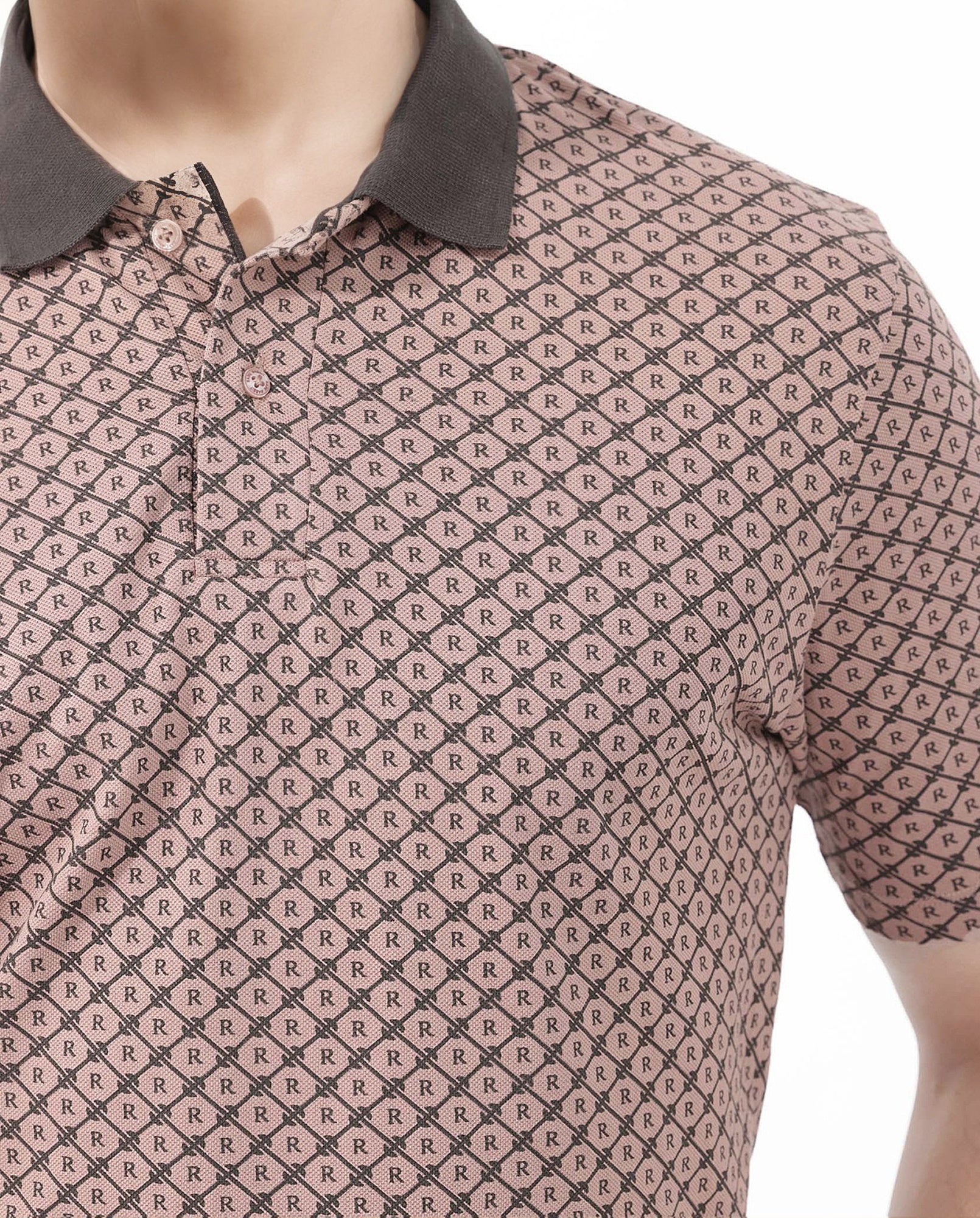 Rare Rabbit Men's Talbot Dusky Peach Cotton Monogram Print Regular Fit Half Sleeve Polo - Image 3
