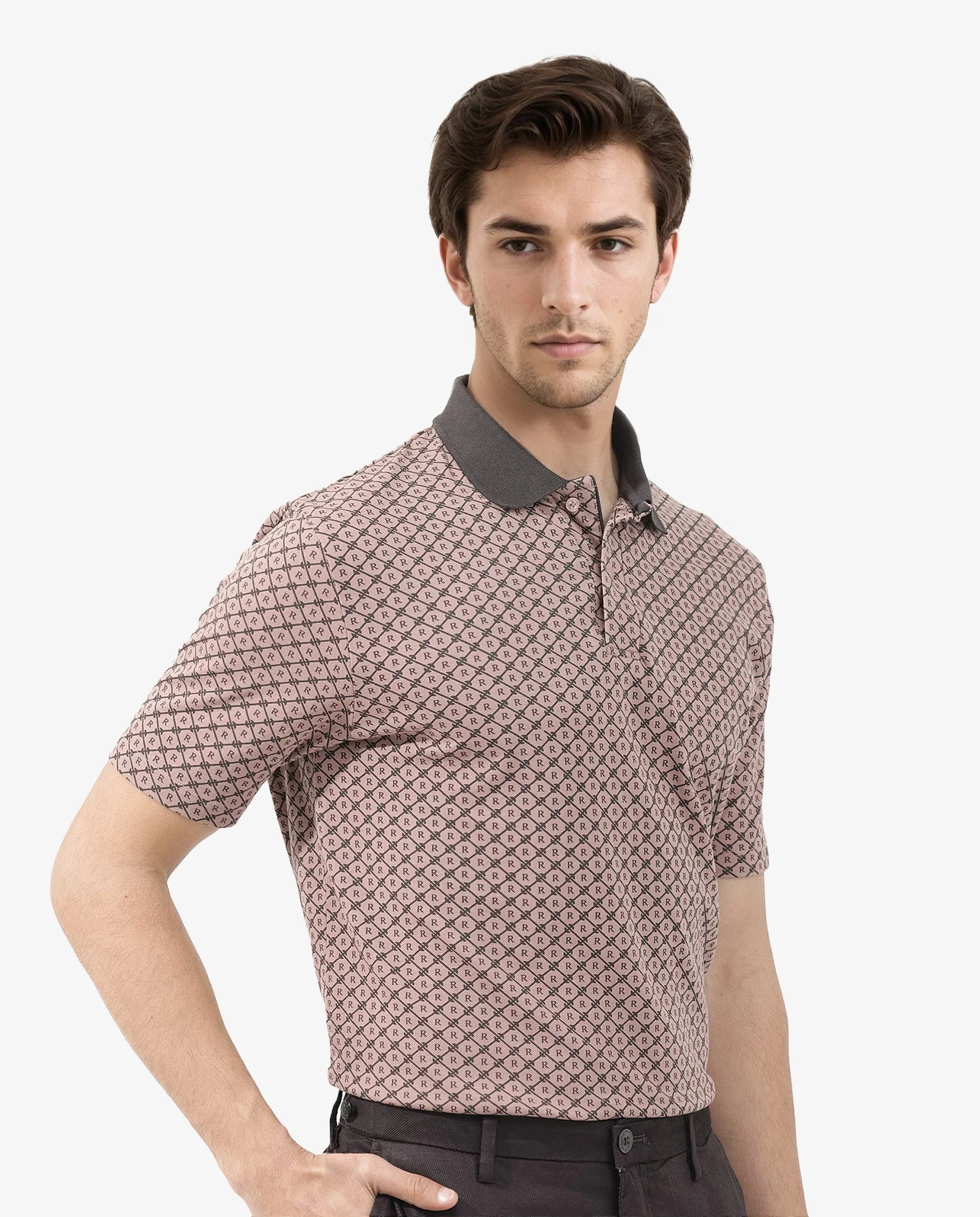 Rare Rabbit Men's Talbot Dusky Peach Cotton Monogram Print Regular Fit Half Sleeve Polo - Image 4