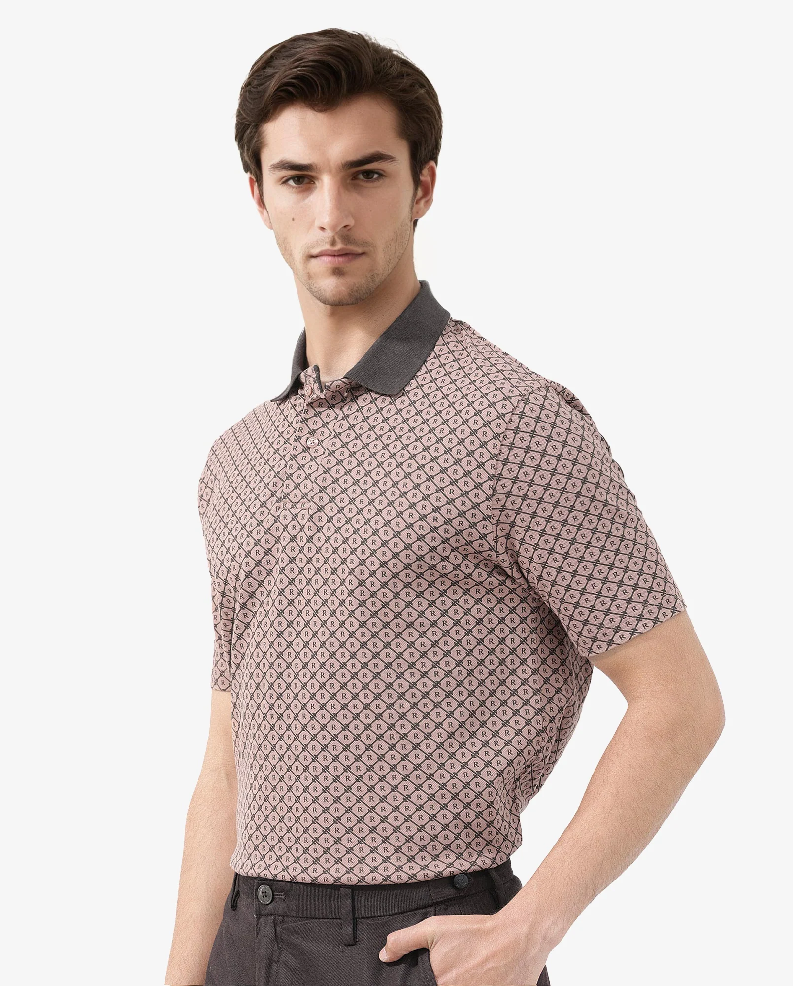 Rare Rabbit Men's Talbot Dusky Peach Cotton Monogram Print Regular Fit Half Sleeve Polo - Image 6