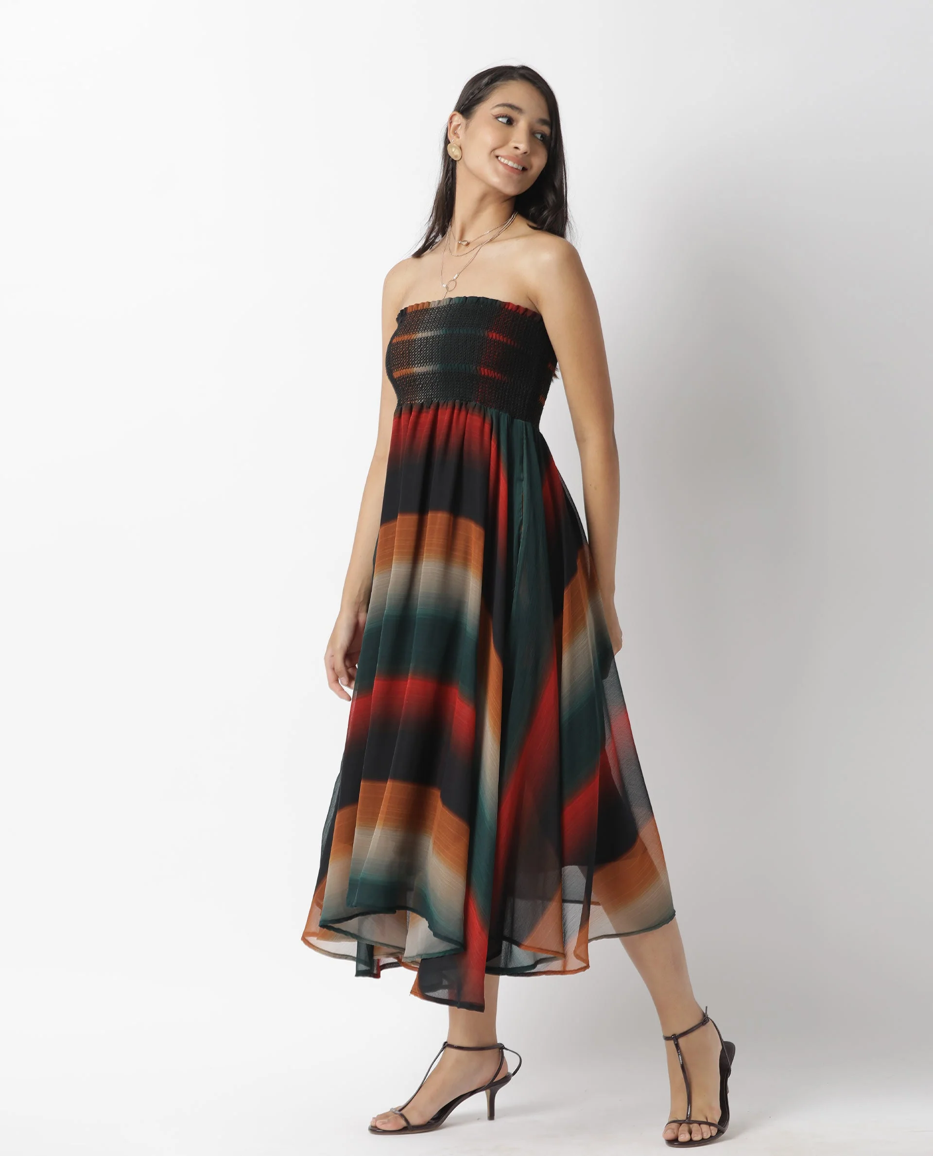 Rareism Women's Talcom Multi Viscose Tube Neck Abstract Print Sleeveless Knee Length Regular Fit Dress - Image 6