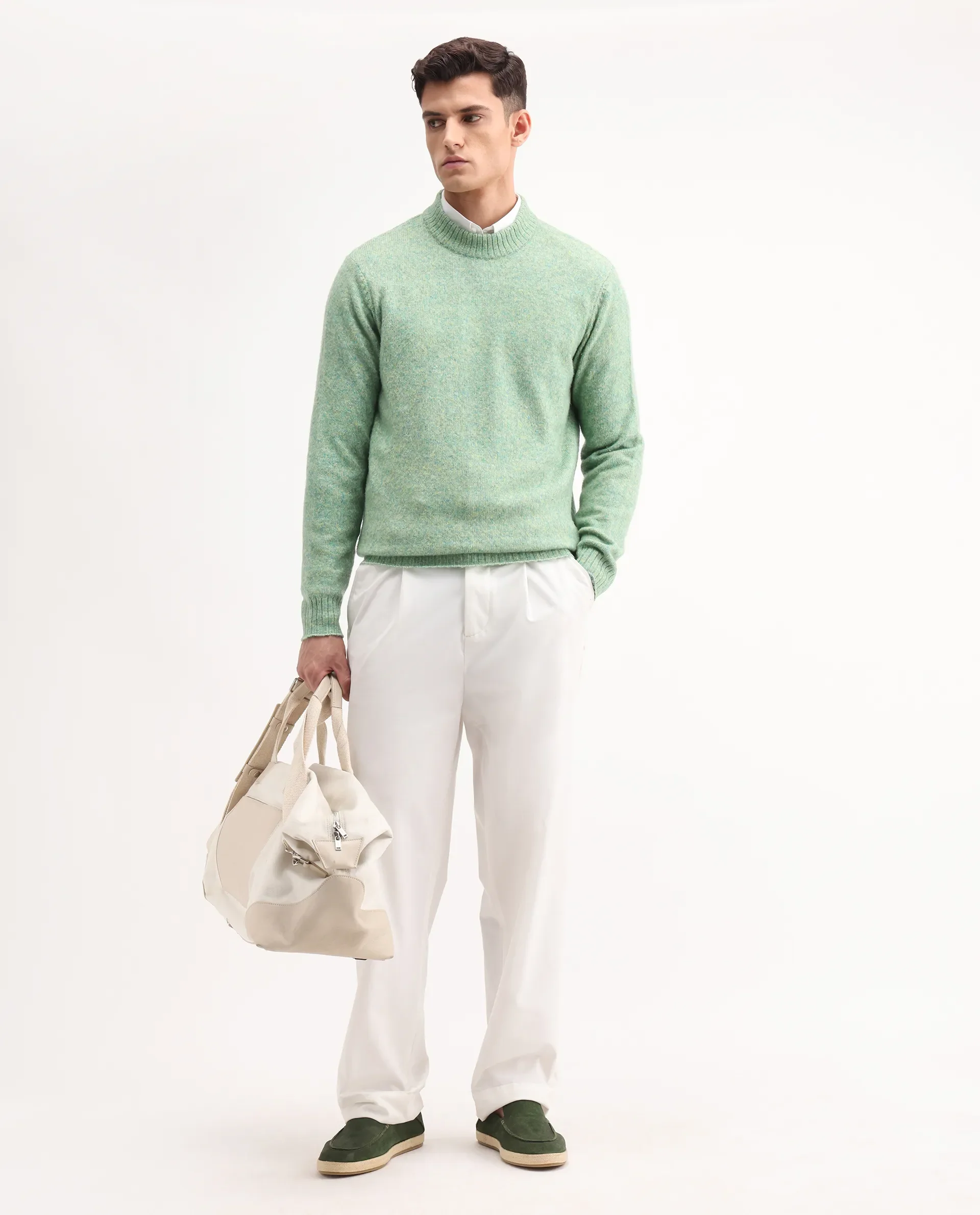 Rare Rabbit Men's Tali Dusky Green Cotton Plain Regular Fit Full Sleeve Crew Neck Sweater - Image 2