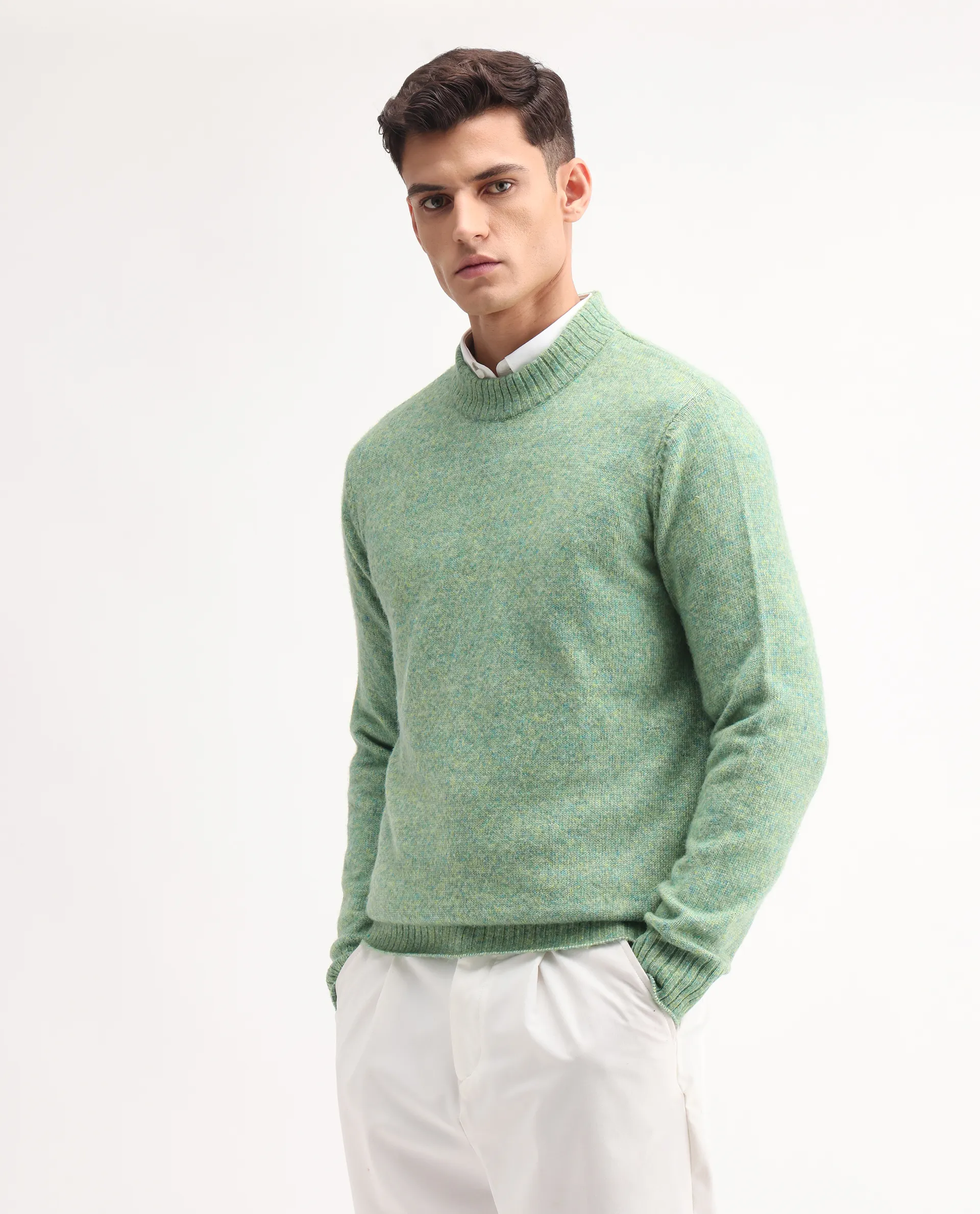 Rare Rabbit Men's Tali Dusky Green Cotton Plain Regular Fit Full Sleeve Crew Neck Sweater - Image 5