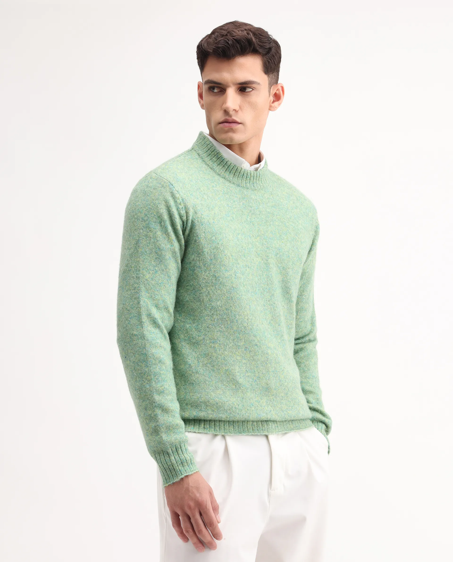 Rare Rabbit Men's Tali Dusky Green Cotton Plain Regular Fit Full Sleeve Crew Neck Sweater - Image 6