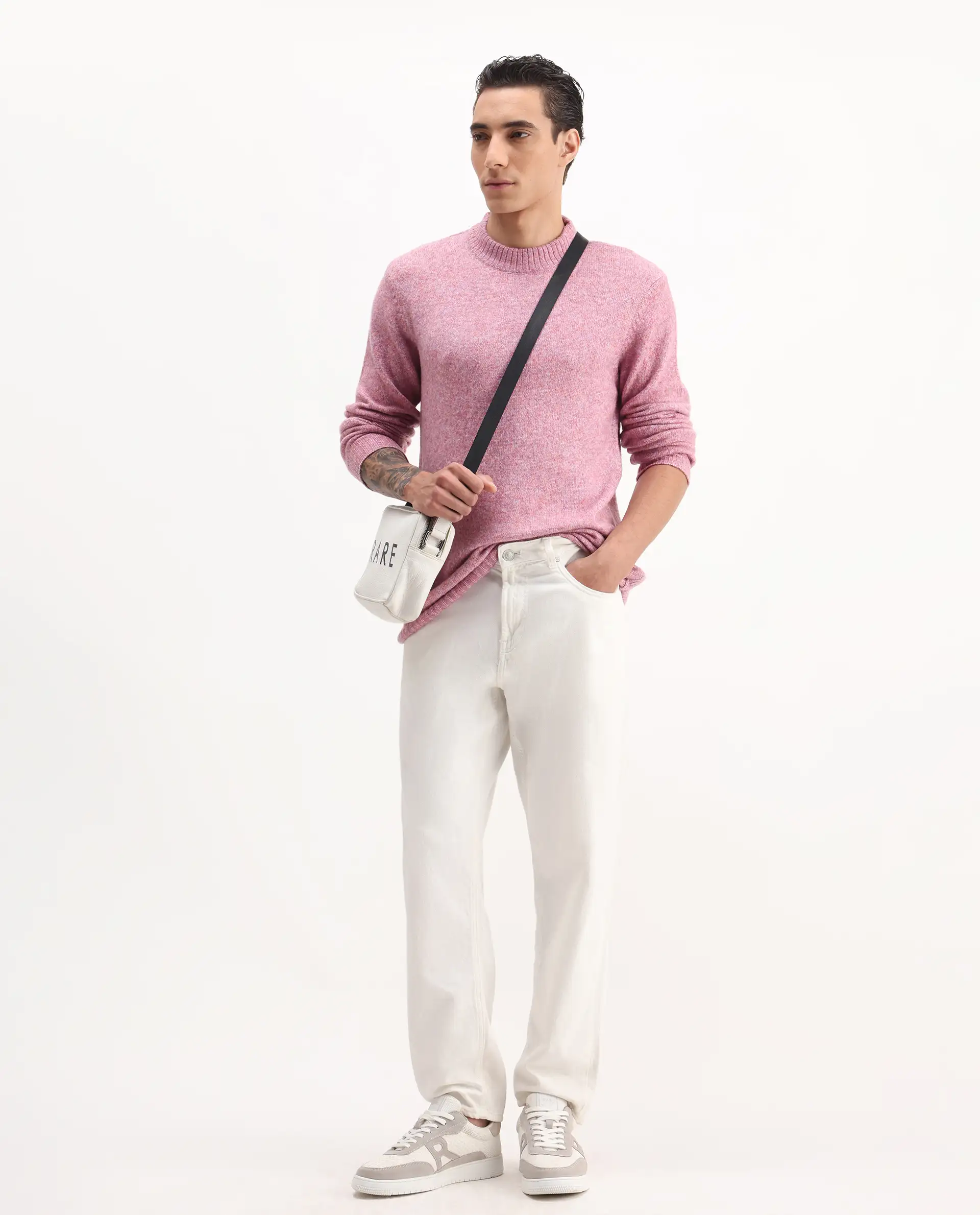 Rare Rabbit Men's Tali Light Pink Cotton Plain Regular Fit Full Sleeve Crew Neck Sweater - Image 2