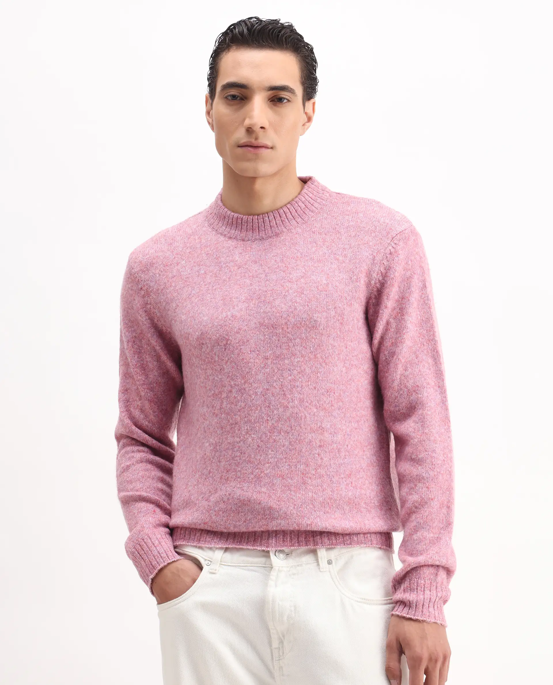 Rare Rabbit Men's Tali Light Pink Cotton Plain Regular Fit Full Sleeve Crew Neck Sweater - Image 3