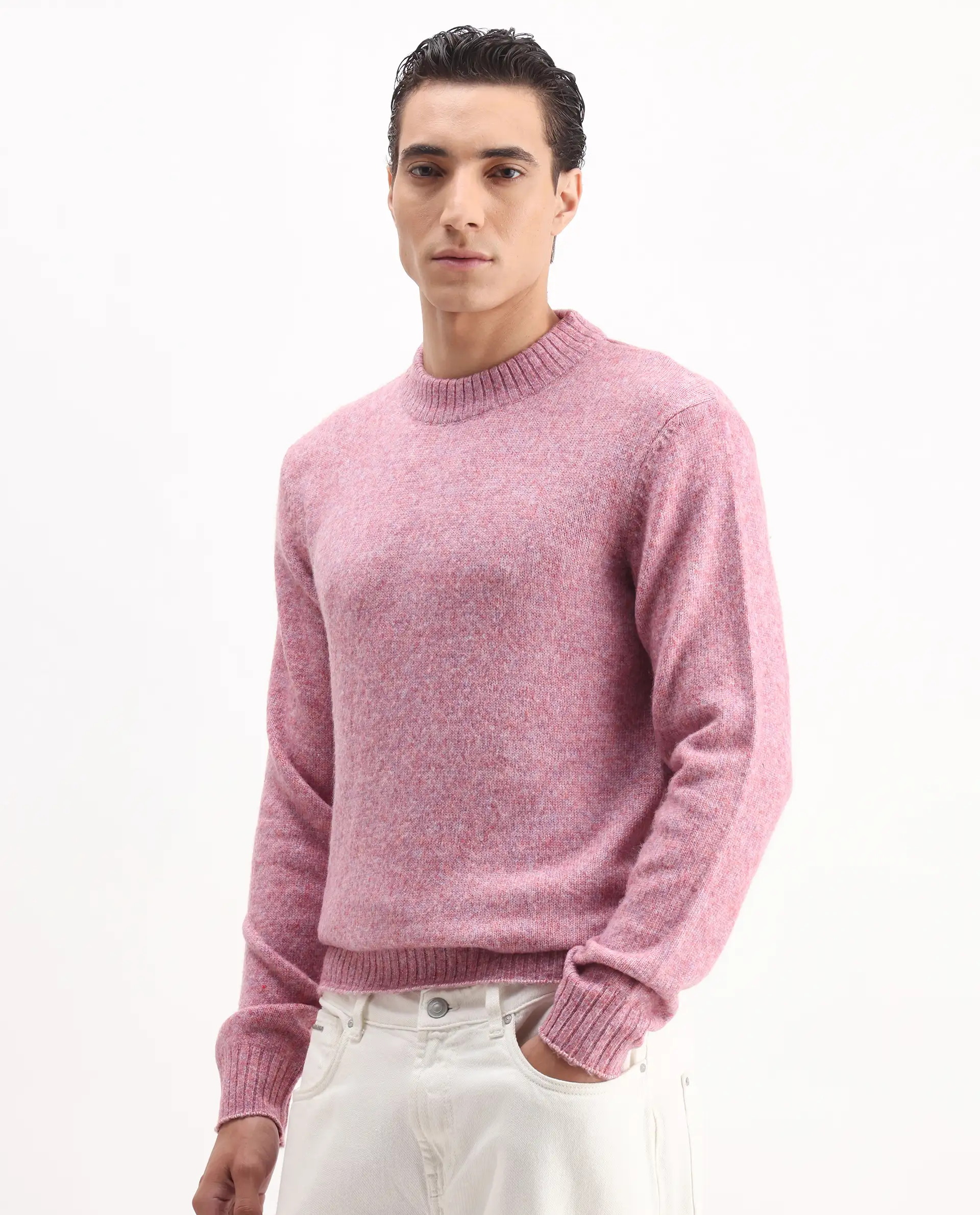 Rare Rabbit Men's Tali Light Pink Cotton Plain Regular Fit Full Sleeve Crew Neck Sweater - Image 4
