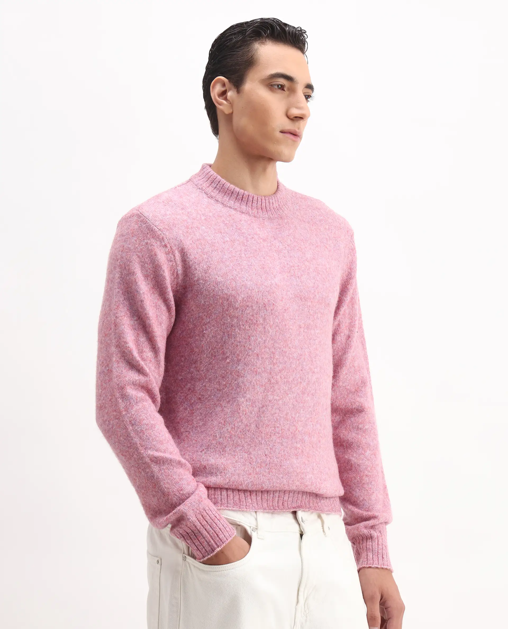 Rare Rabbit Men's Tali Light Pink Cotton Plain Regular Fit Full Sleeve Crew Neck Sweater - Image 5