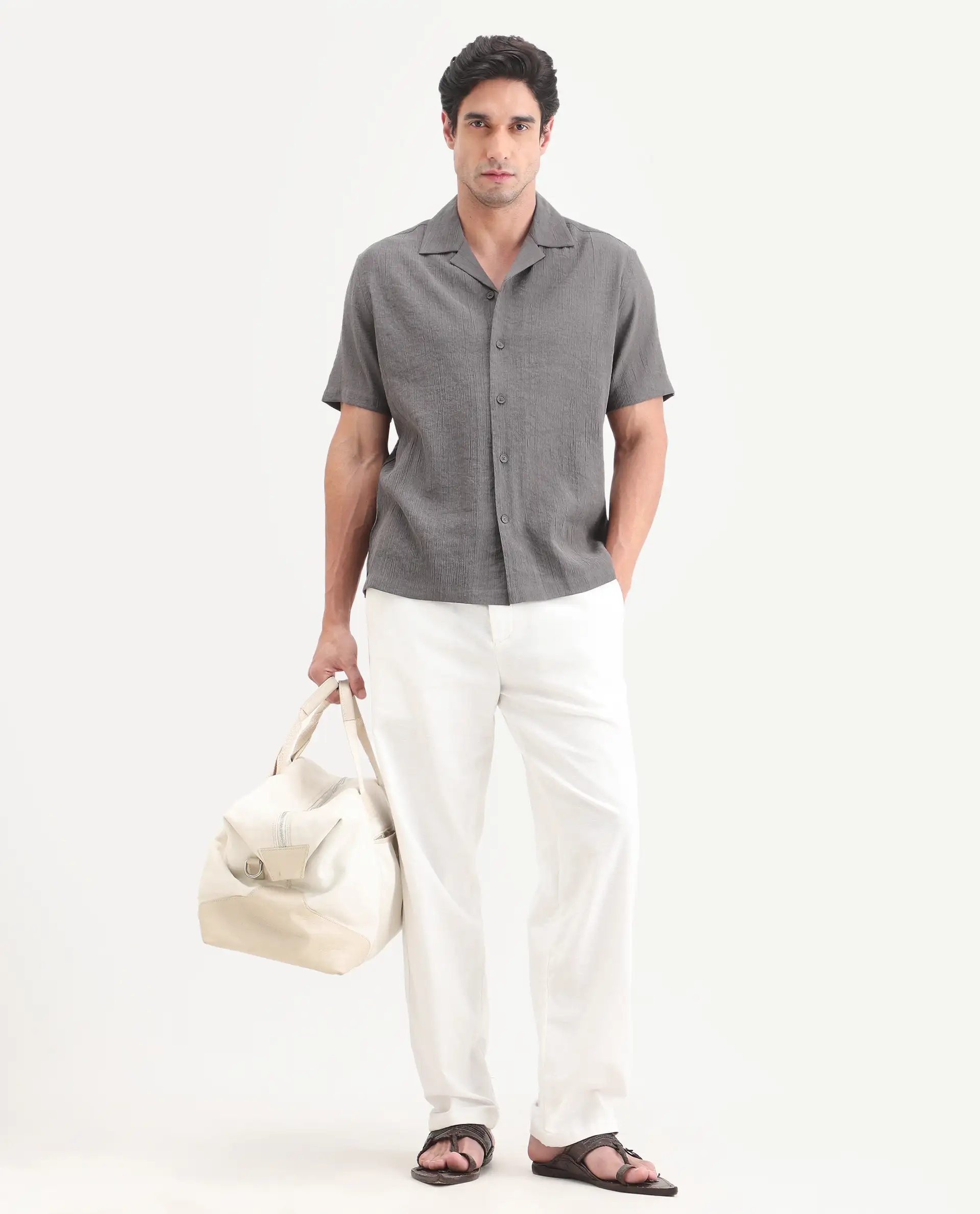 Rare Rabbit Men's Tali-S Dark Grey Viscose Blend Fabric Half Sleeve Cuban Collar Button Regular Plain Shirt - Image 2