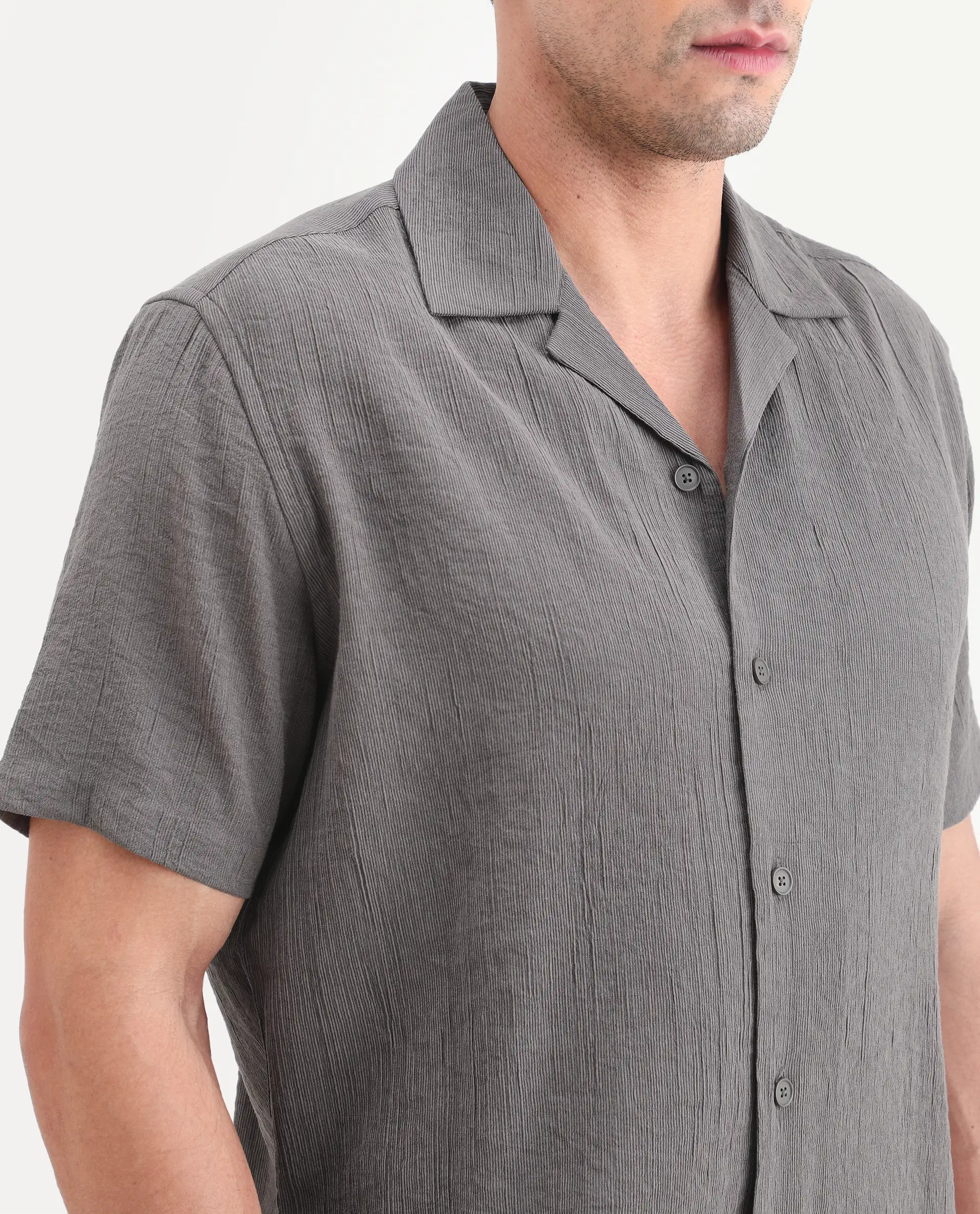 Rare Rabbit Men's Tali-S Dark Grey Viscose Blend Fabric Half Sleeve Cuban Collar Button Regular Plain Shirt - Image 3
