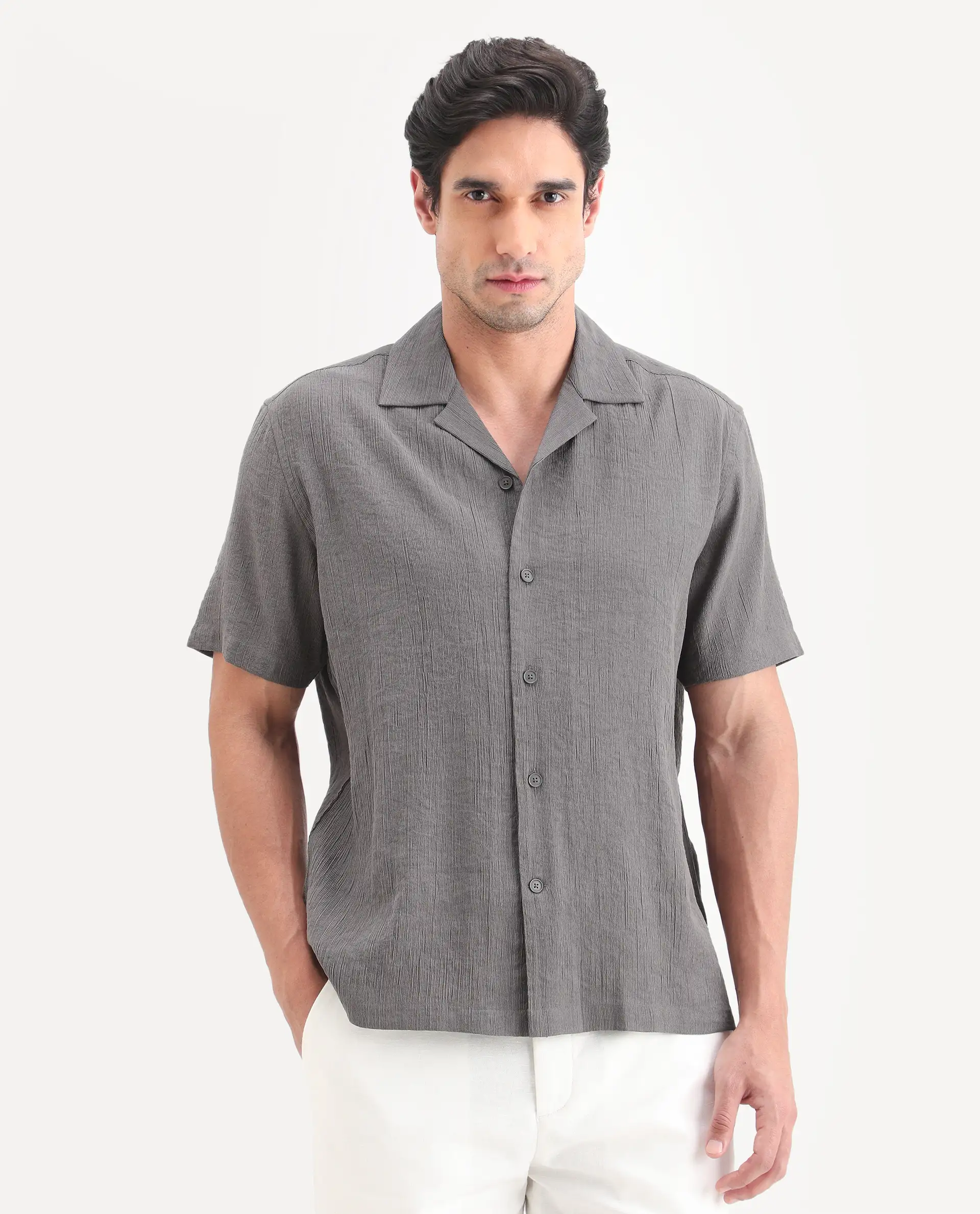 Rare Rabbit Men's Tali-S Dark Grey Viscose Blend Fabric Half Sleeve Cuban Collar Button Regular Plain Shirt - Image 4