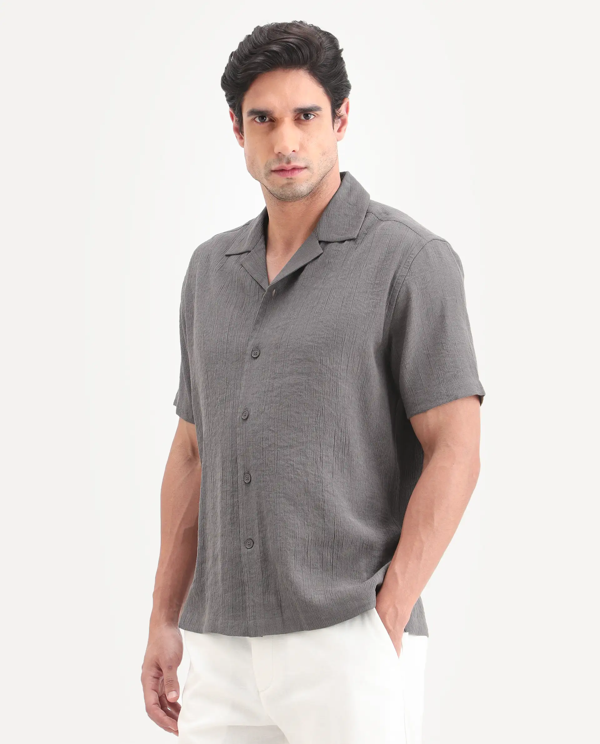 Rare Rabbit Men's Tali-S Dark Grey Viscose Blend Fabric Half Sleeve Cuban Collar Button Regular Plain Shirt - Image 5
