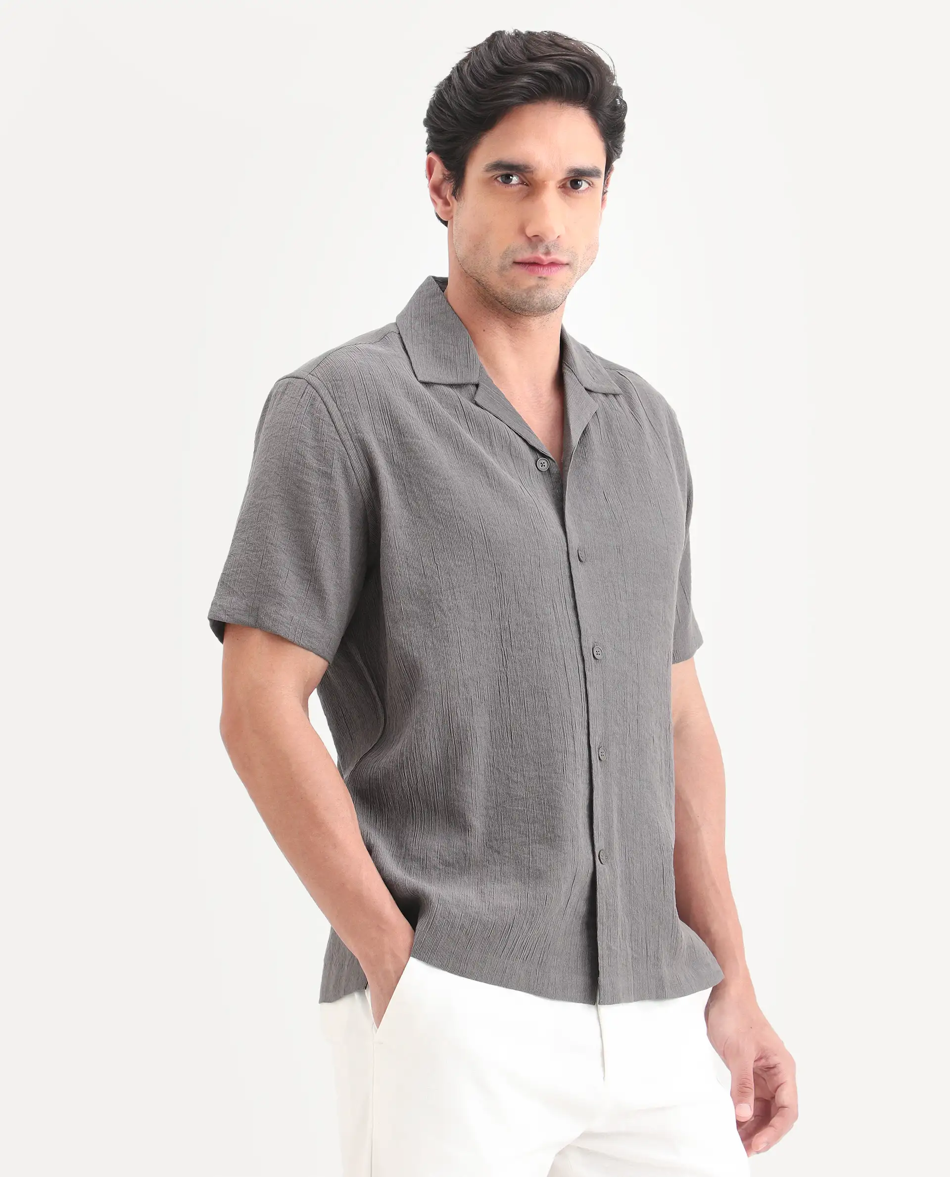 Rare Rabbit Men's Tali-S Dark Grey Viscose Blend Fabric Half Sleeve Cuban Collar Button Regular Plain Shirt - Image 6