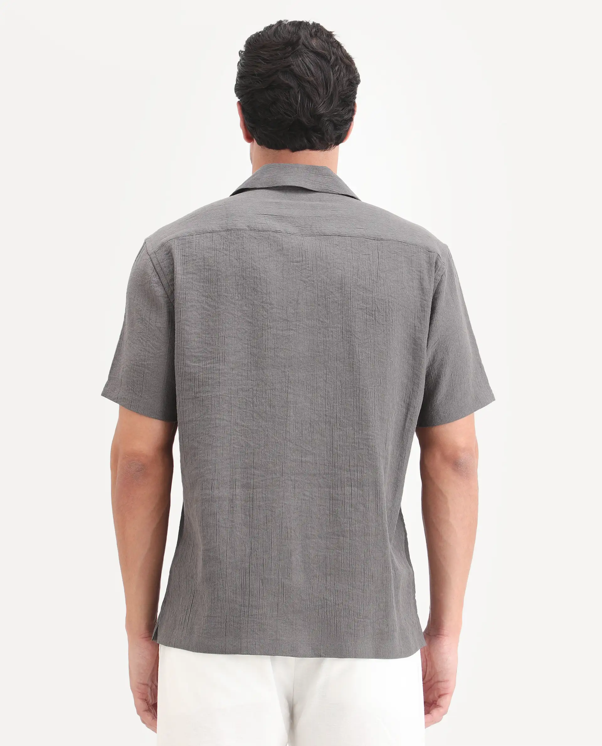 Rare Rabbit Men's Tali-S Dark Grey Viscose Blend Fabric Half Sleeve Cuban Collar Button Regular Plain Shirt - Image 7