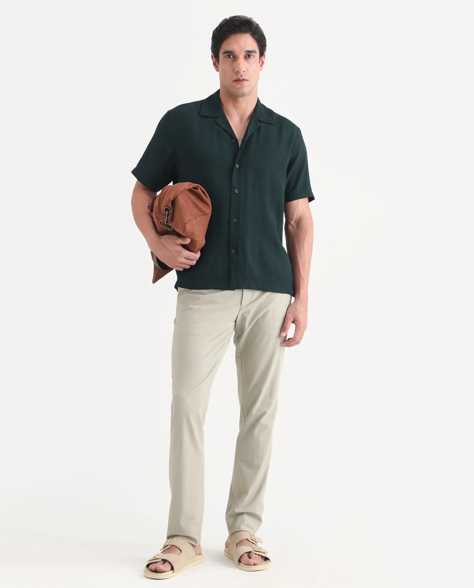 Rare Rabbit Men's Tali-S Green Viscose Blend Fabric Half Sleeve Cuban Collar Button Regular Plain Shirt - Image 2
