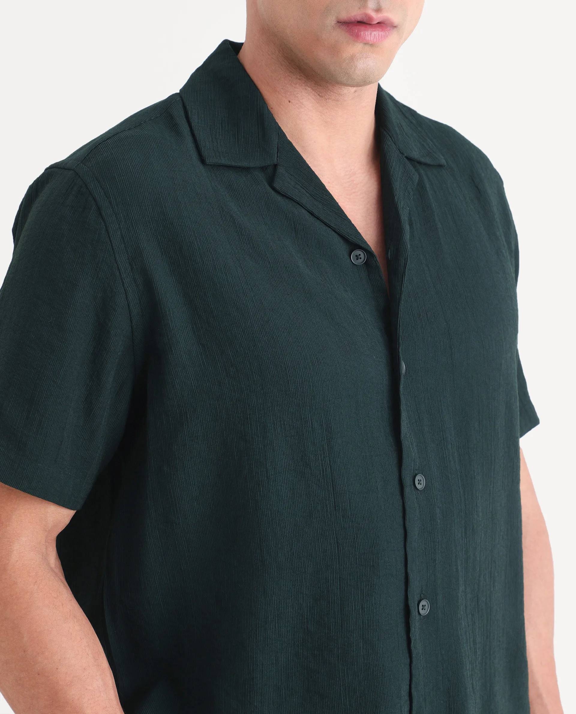 Rare Rabbit Men's Tali-S Green Viscose Blend Fabric Half Sleeve Cuban Collar Button Regular Plain Shirt - Image 3