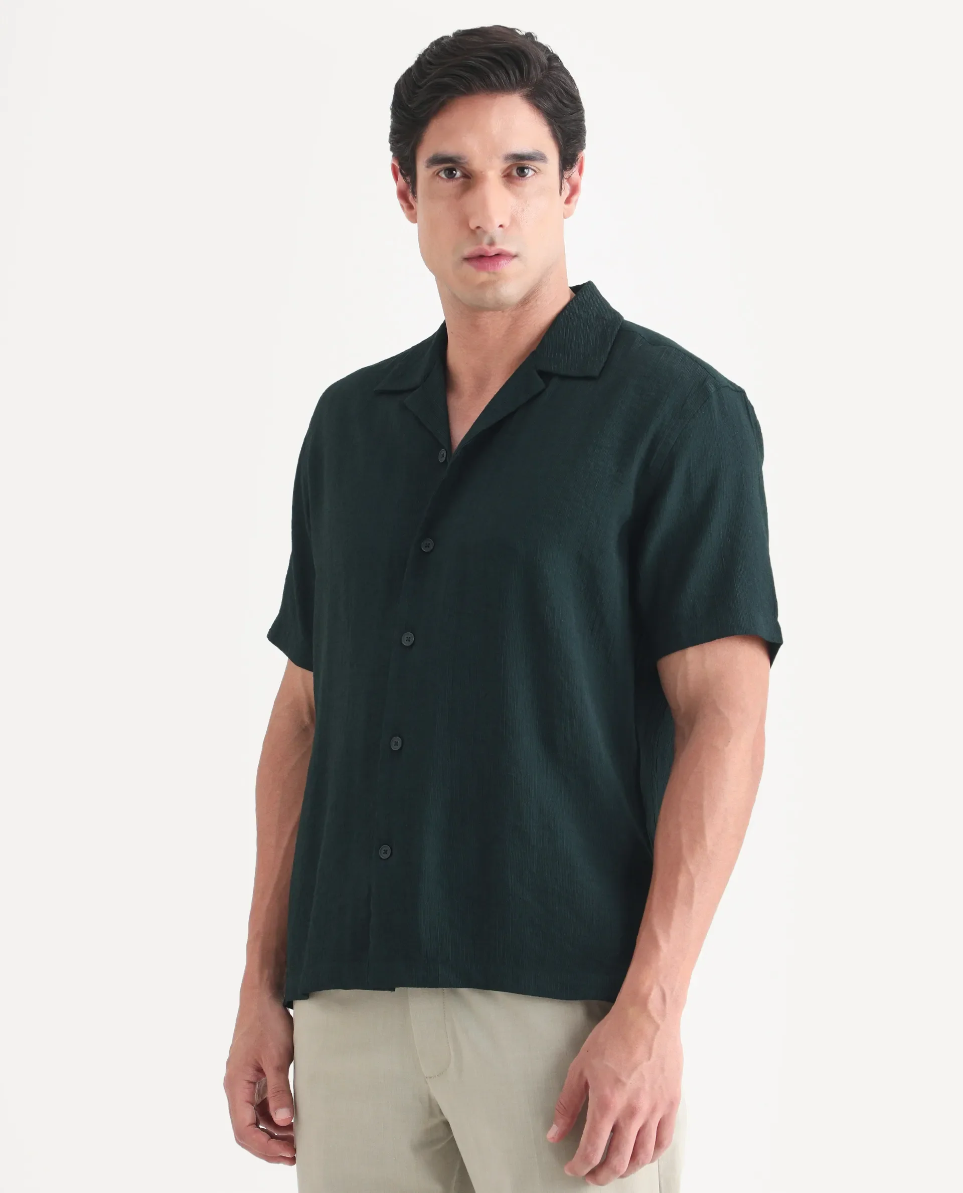Rare Rabbit Men's Tali-S Green Viscose Blend Fabric Half Sleeve Cuban Collar Button Regular Plain Shirt - Image 4