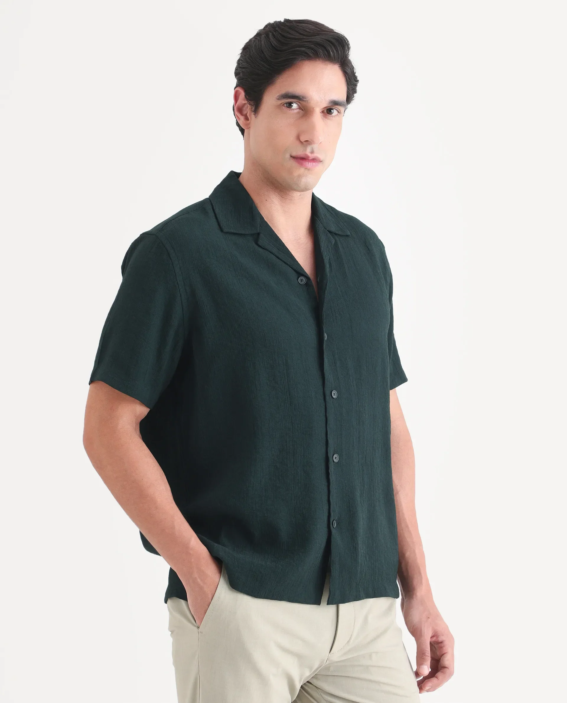 Rare Rabbit Men's Tali-S Green Viscose Blend Fabric Half Sleeve Cuban Collar Button Regular Plain Shirt - Image 5