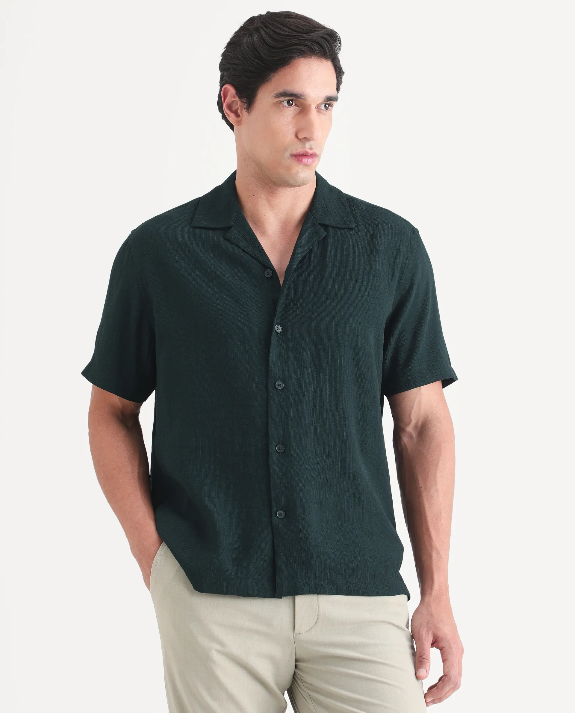 Rare Rabbit Men's Tali-S Green Viscose Blend Fabric Half Sleeve Cuban Collar Button Regular Plain Shirt - Image 6
