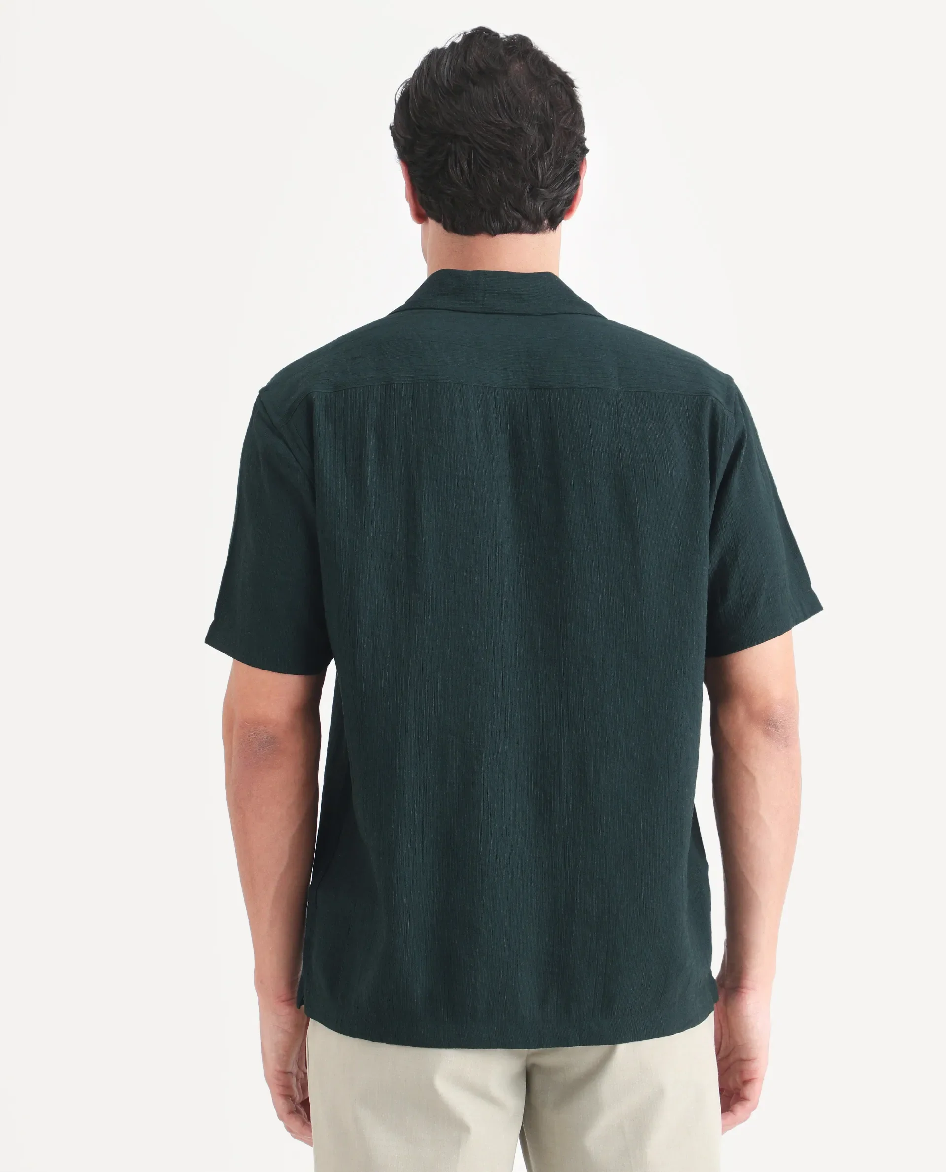 Rare Rabbit Men's Tali-S Green Viscose Blend Fabric Half Sleeve Cuban Collar Button Regular Plain Shirt - Image 7