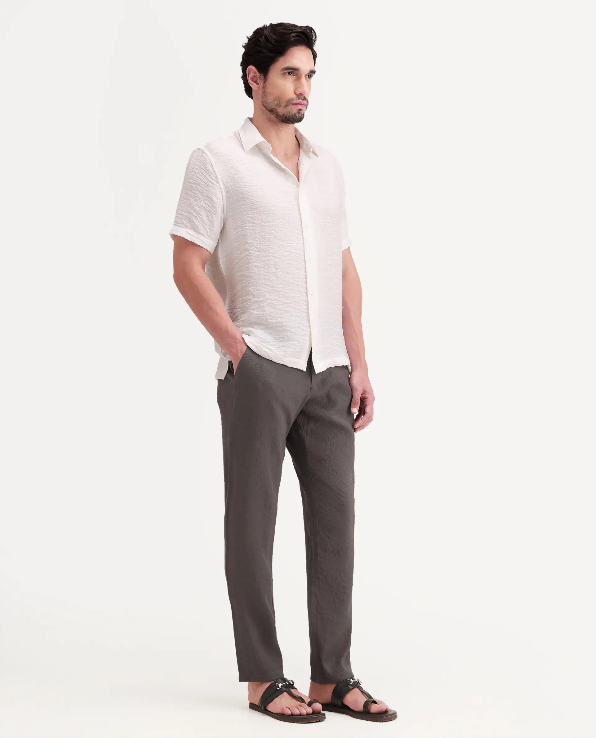 Rare Rabbit Men's Tali-T Dark Grey Viscose Blend Fabric Regular Fit Plain Trouser - Image 5