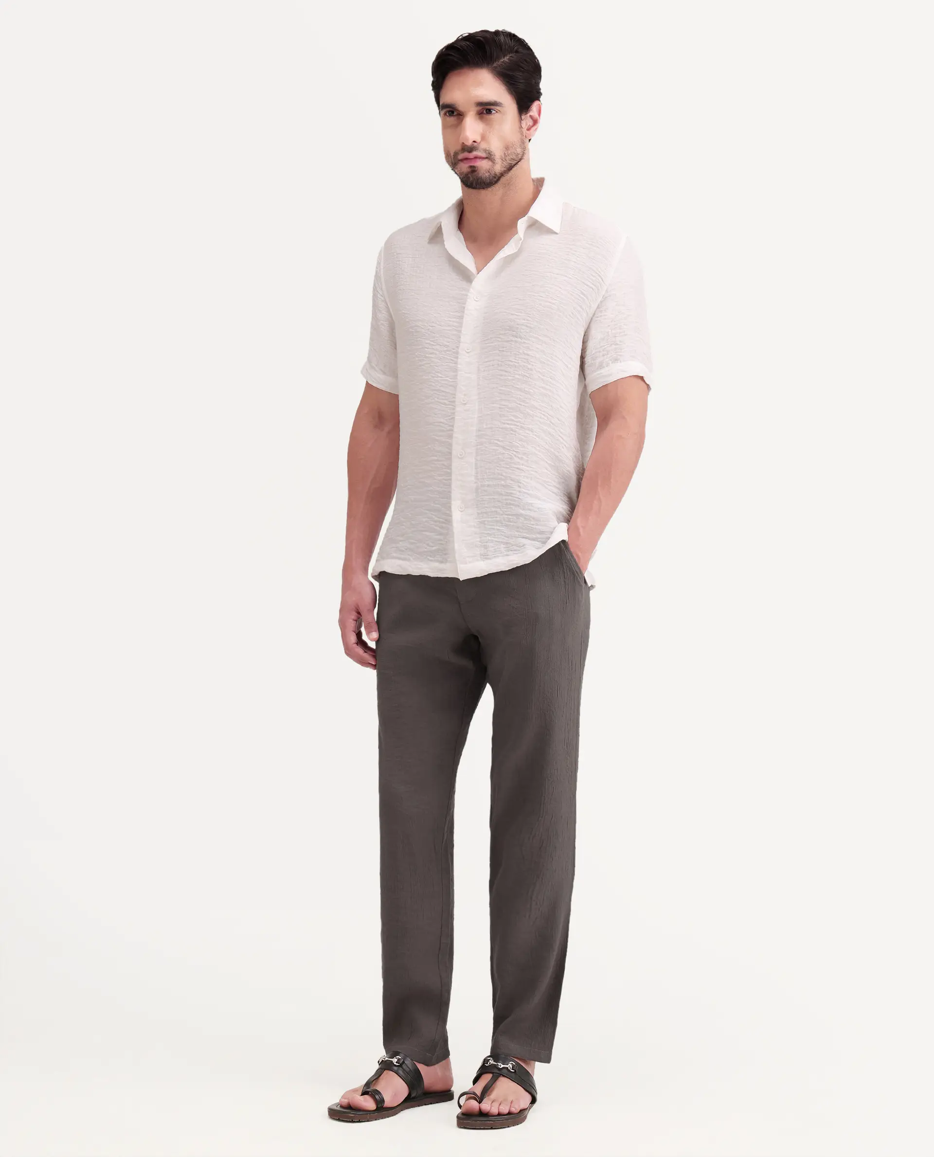 Rare Rabbit Men's Tali-T Dark Grey Viscose Blend Fabric Regular Fit Plain Trouser - Image 6