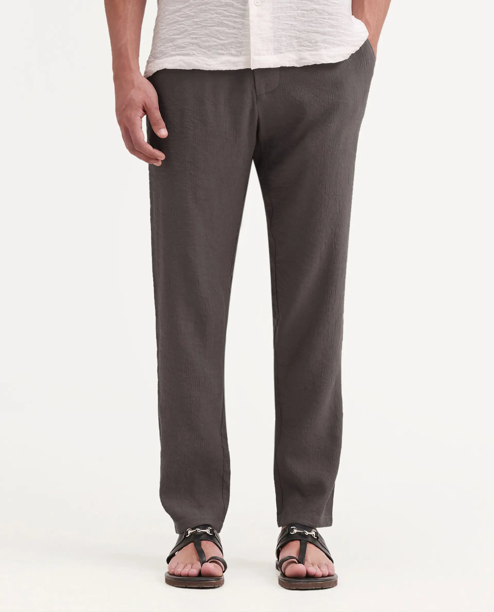 Rare Rabbit Men's Tali-T Dark Grey Viscose Blend Fabric Regular Fit Plain Trouser - Image 8