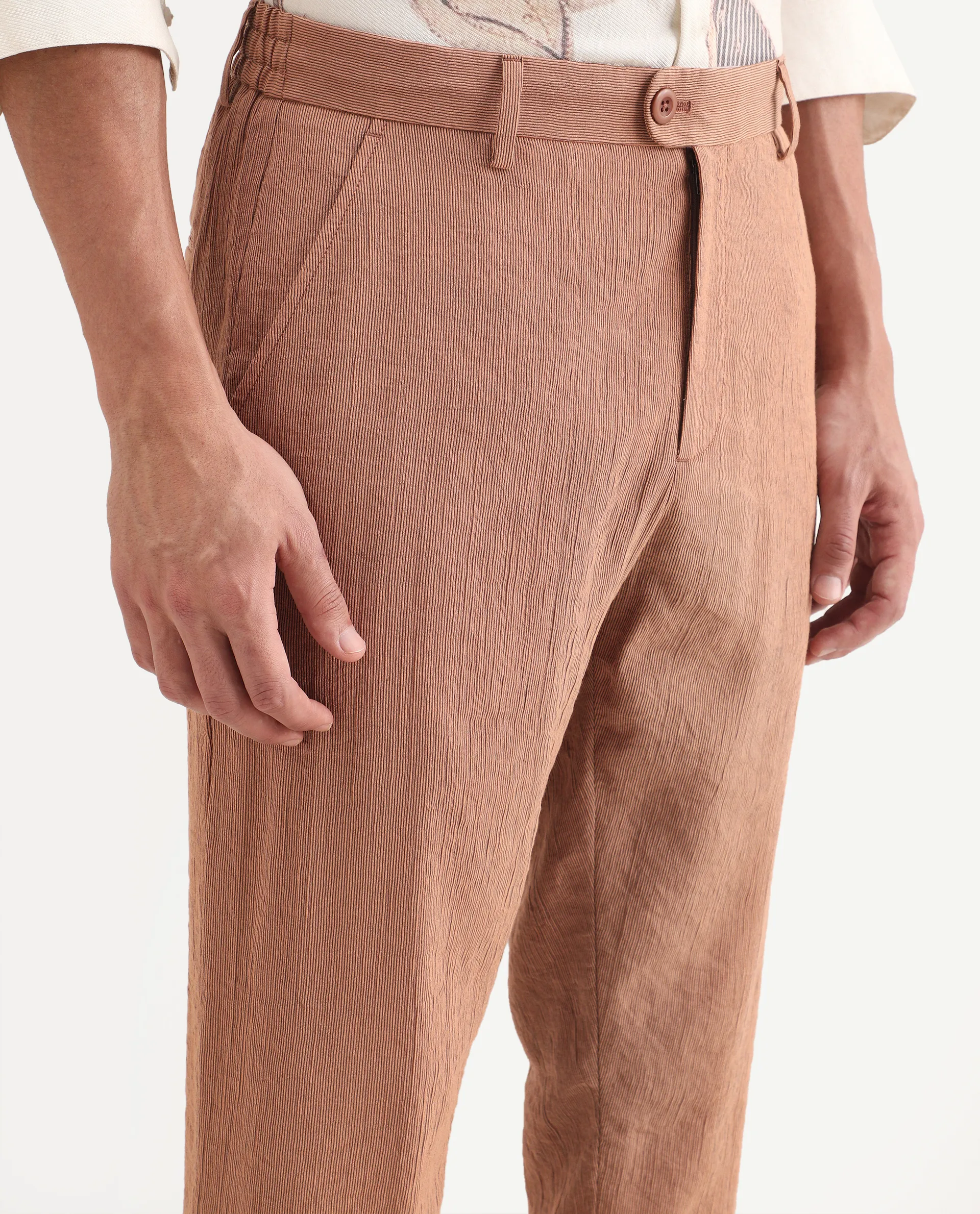 Rare Rabbit Men's Tali-T Dusky Rust Viscose Blend Fabric Regular Fit Plain Trouser - Image 3