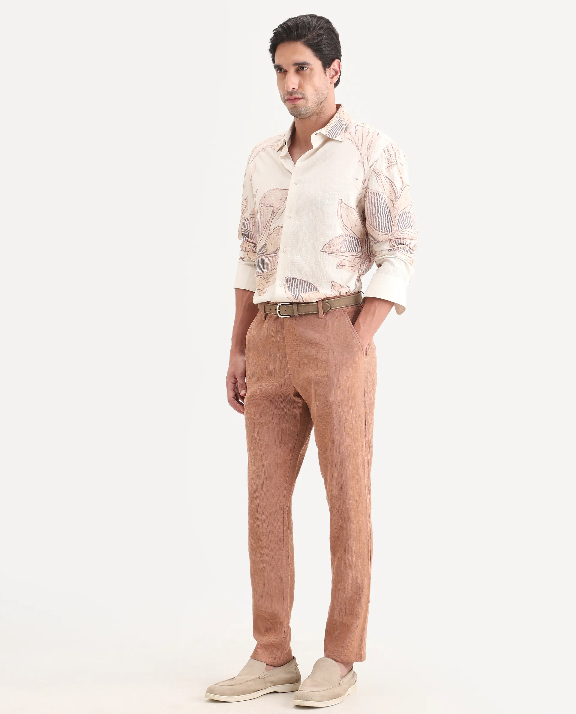 Rare Rabbit Men's Tali-T Dusky Rust Viscose Blend Fabric Regular Fit Plain Trouser - Image 5