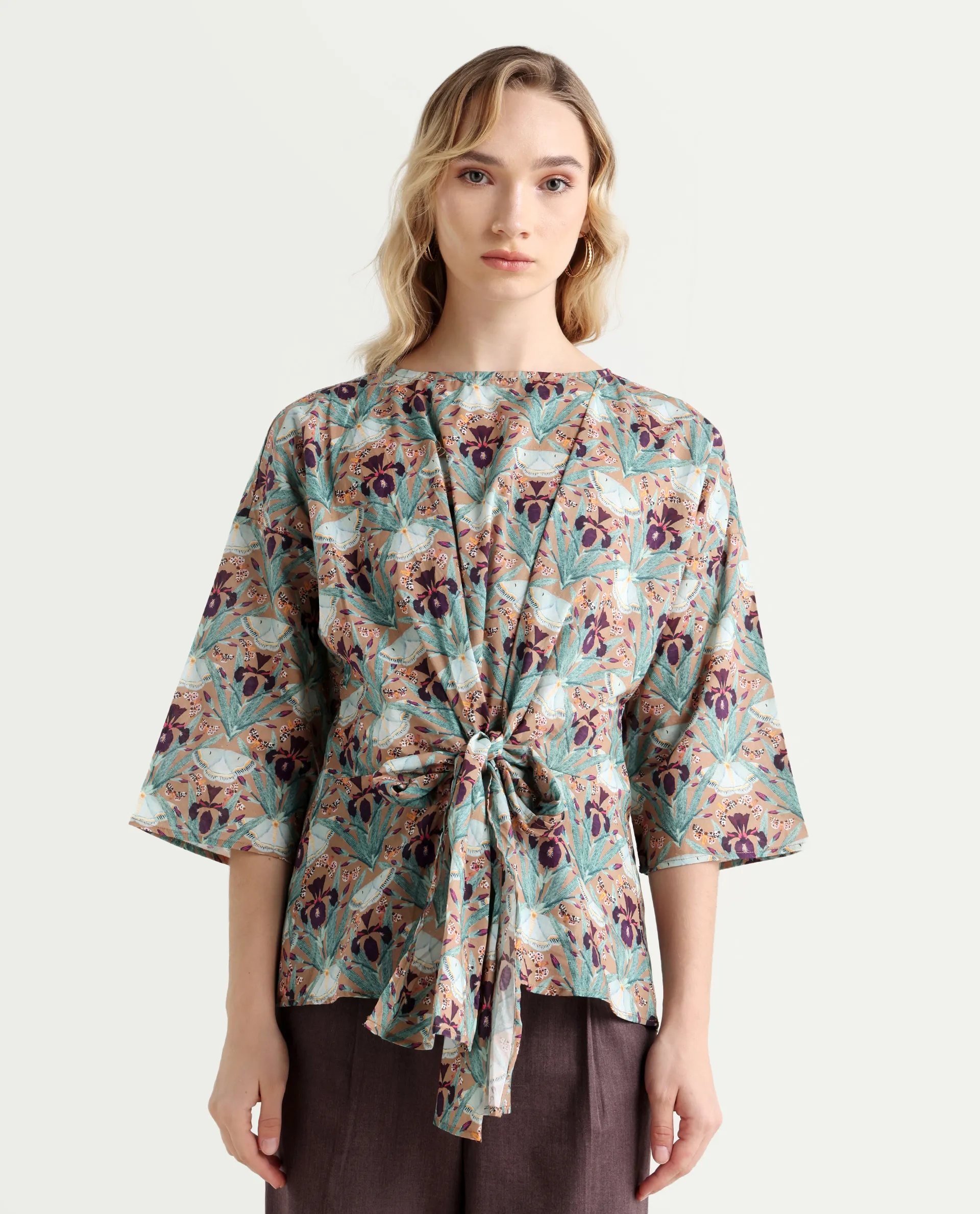 Rareism Women's Talisco Multi Cotton V-Neck Abstract Print Extended Sleeves Relaxed Fit Top - Image 3