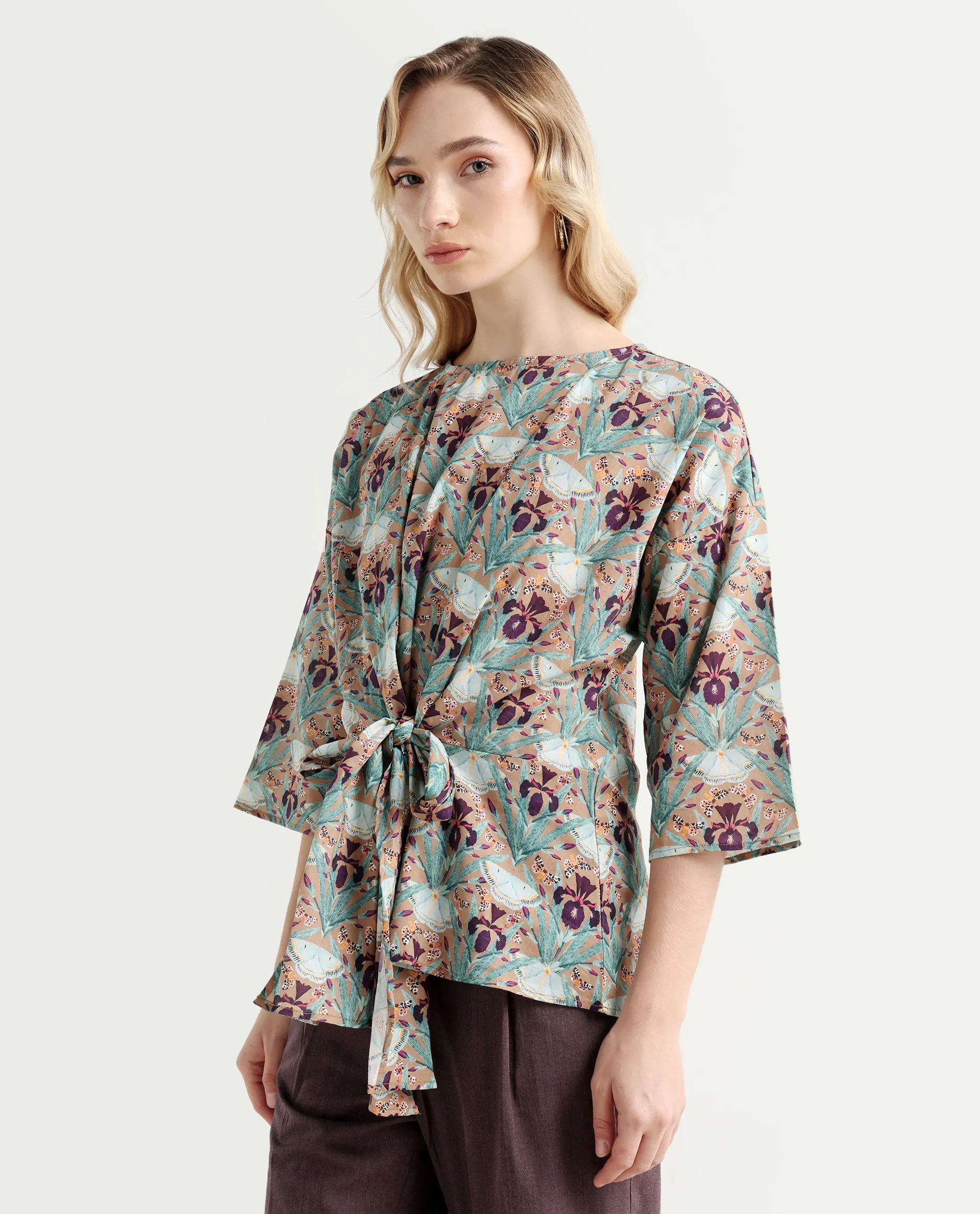 Rareism Women's Talisco Multi Cotton V-Neck Abstract Print Extended Sleeves Relaxed Fit Top - Image 5