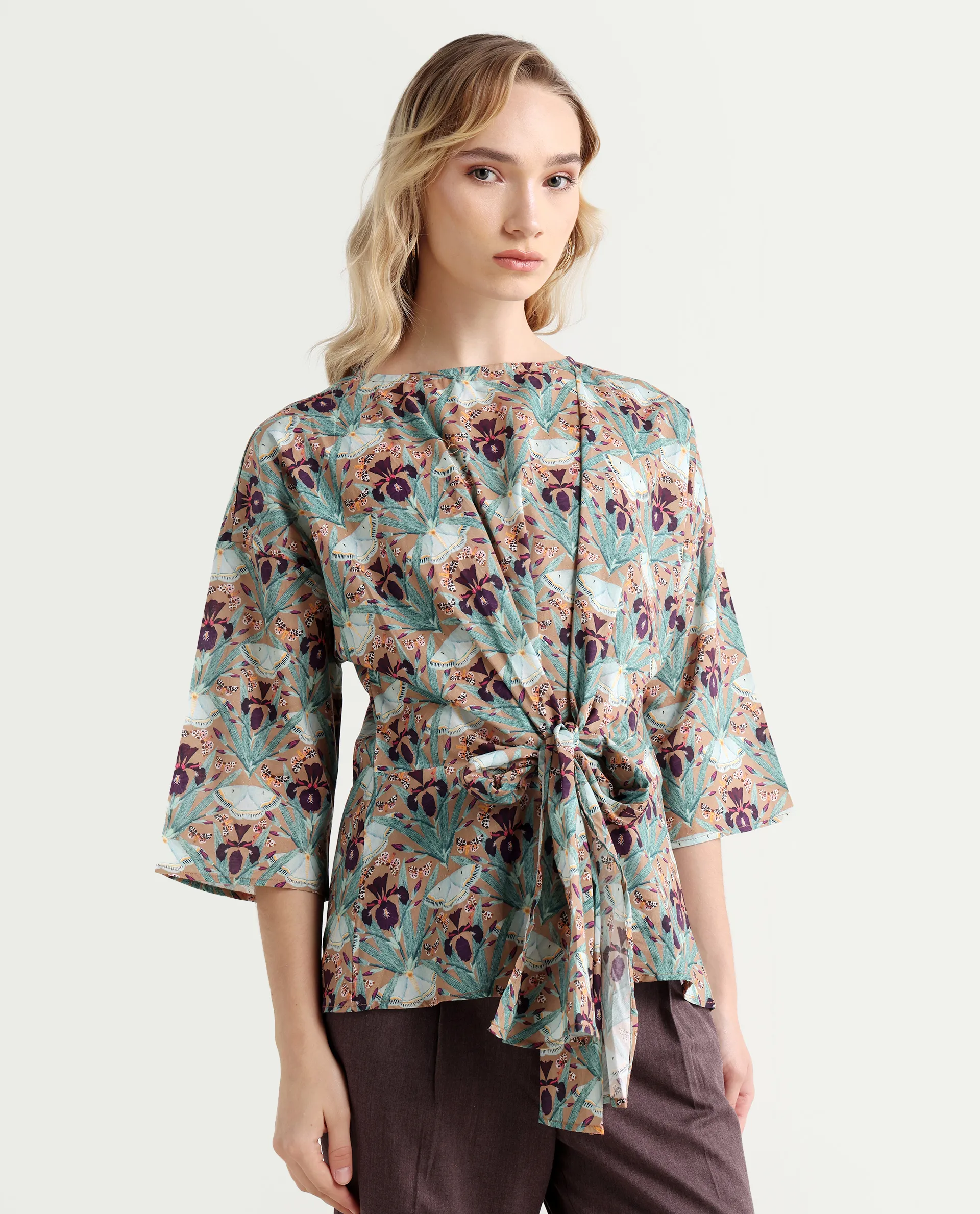 Rareism Women's Talisco Multi Cotton V-Neck Abstract Print Extended Sleeves Relaxed Fit Top - Image 6