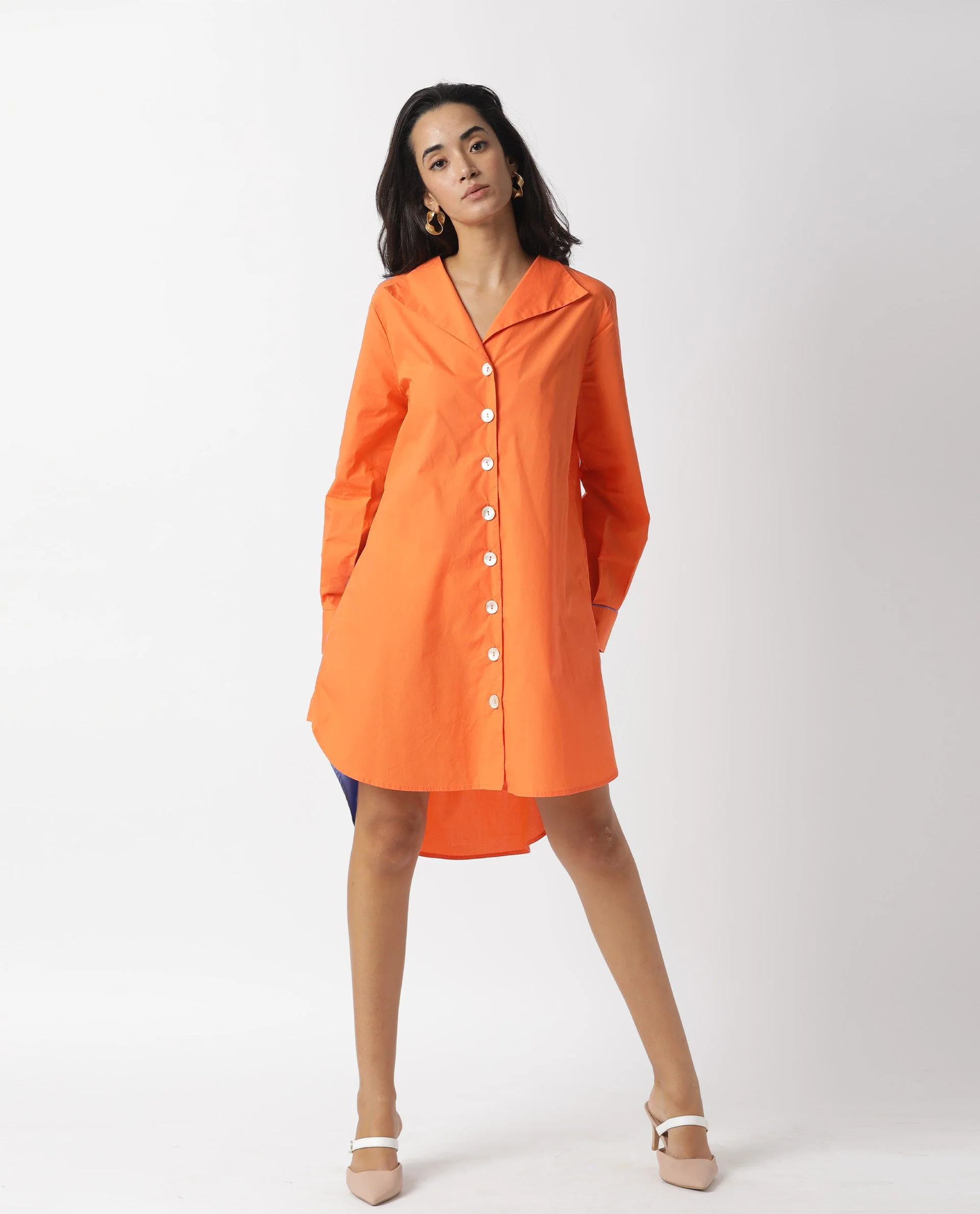 Rareism Women's Tally Orange Cotton Spread Collar Plain Cuffed Sleeve Mini Flared Dress - Image 10