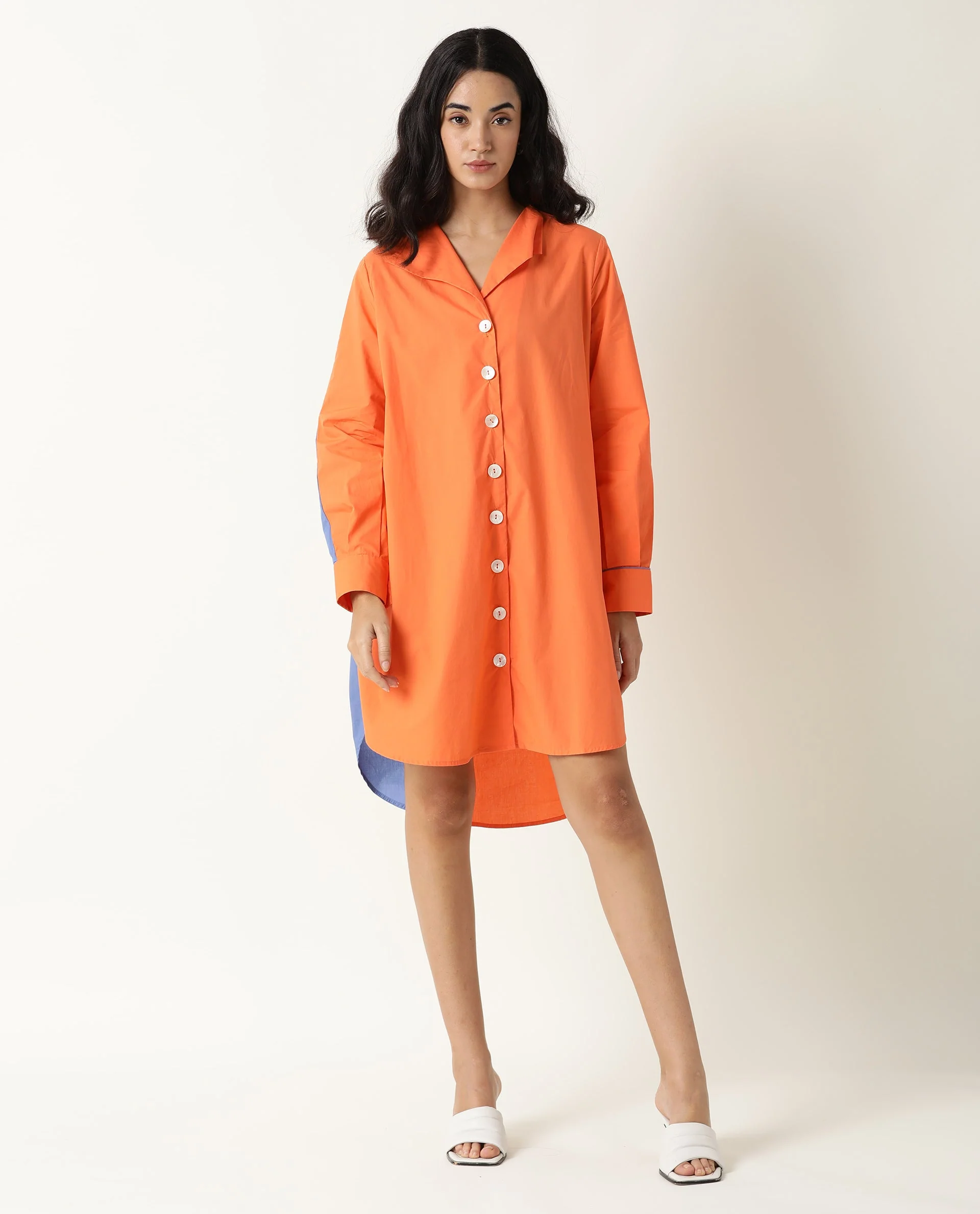 Rareism Women's Tally Orange Cotton Spread Collar Plain Cuffed Sleeve Mini Flared Dress - Image 3