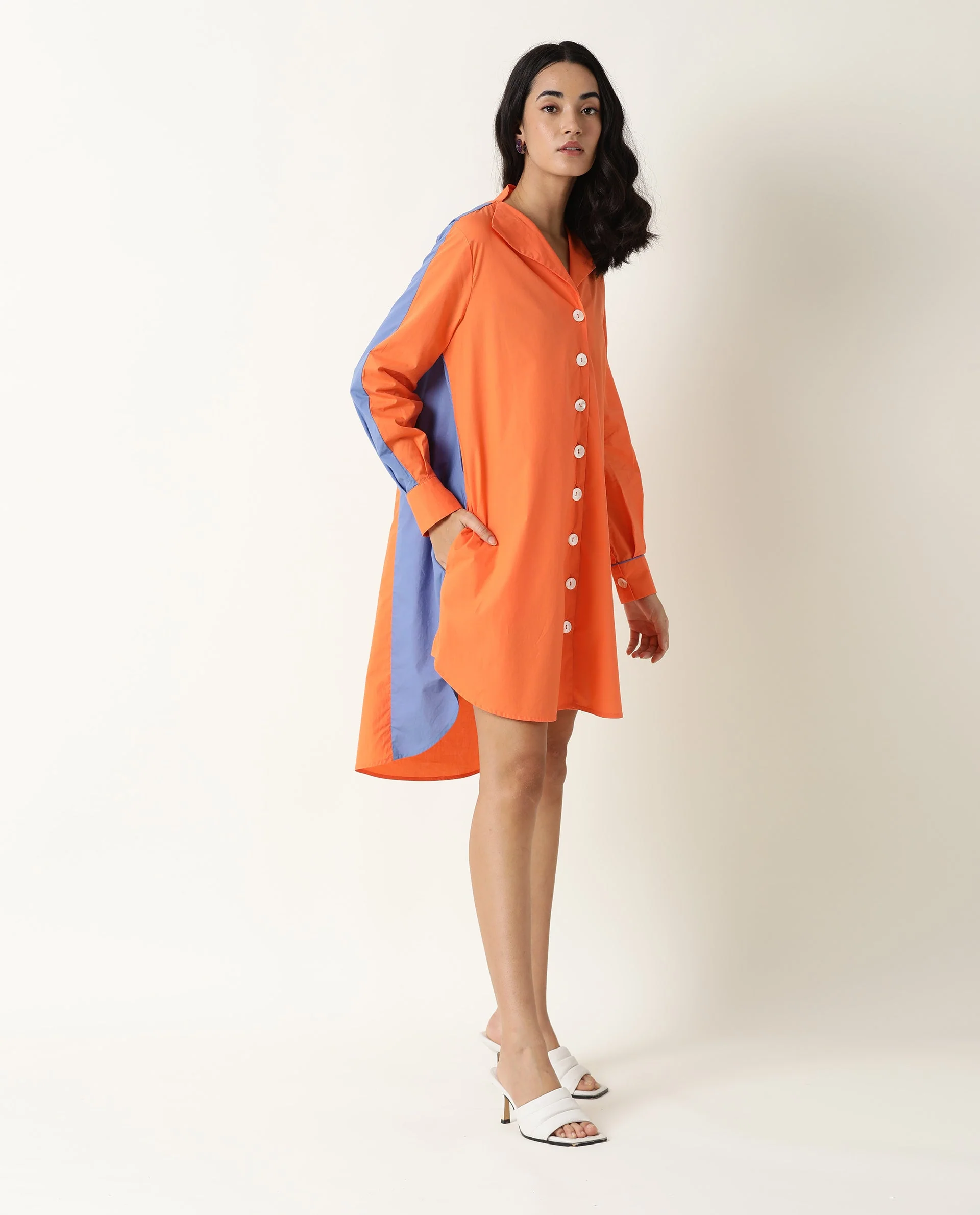 Rareism Women's Tally Orange Cotton Spread Collar Plain Cuffed Sleeve Mini Flared Dress - Image 4