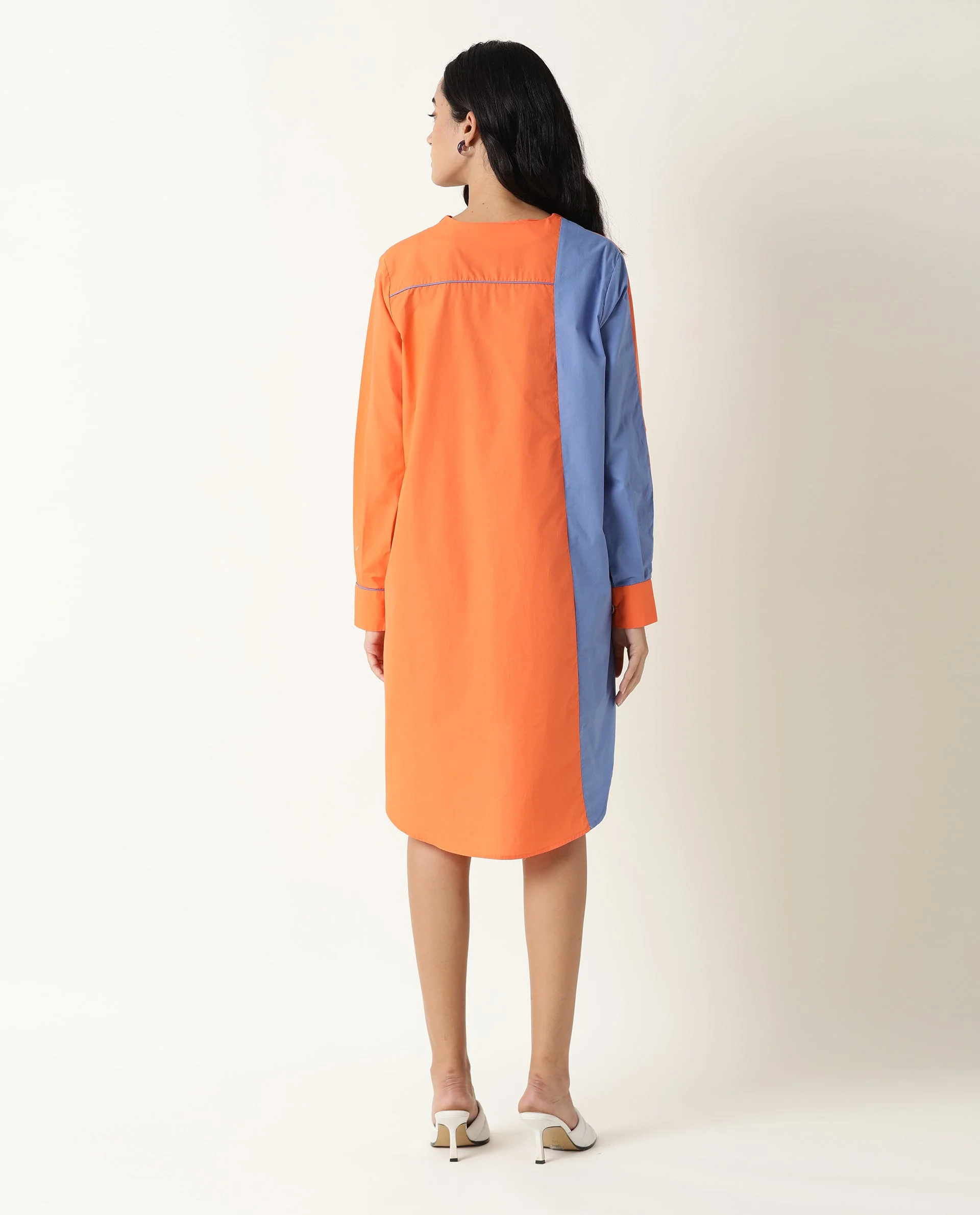 Rareism Women's Tally Orange Cotton Spread Collar Plain Cuffed Sleeve Mini Flared Dress - Image 5