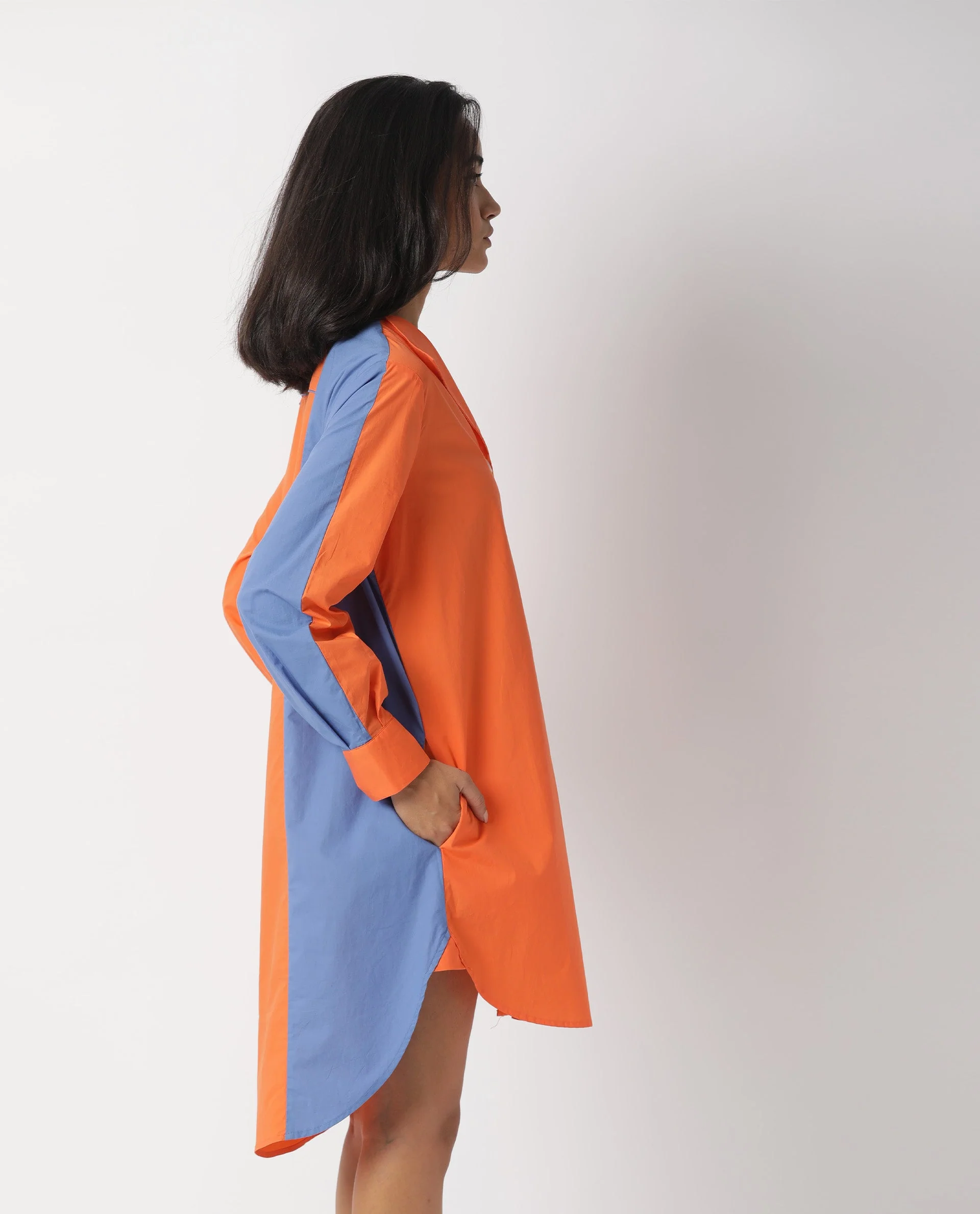 Rareism Women's Tally Orange Cotton Spread Collar Plain Cuffed Sleeve Mini Flared Dress - Image 6