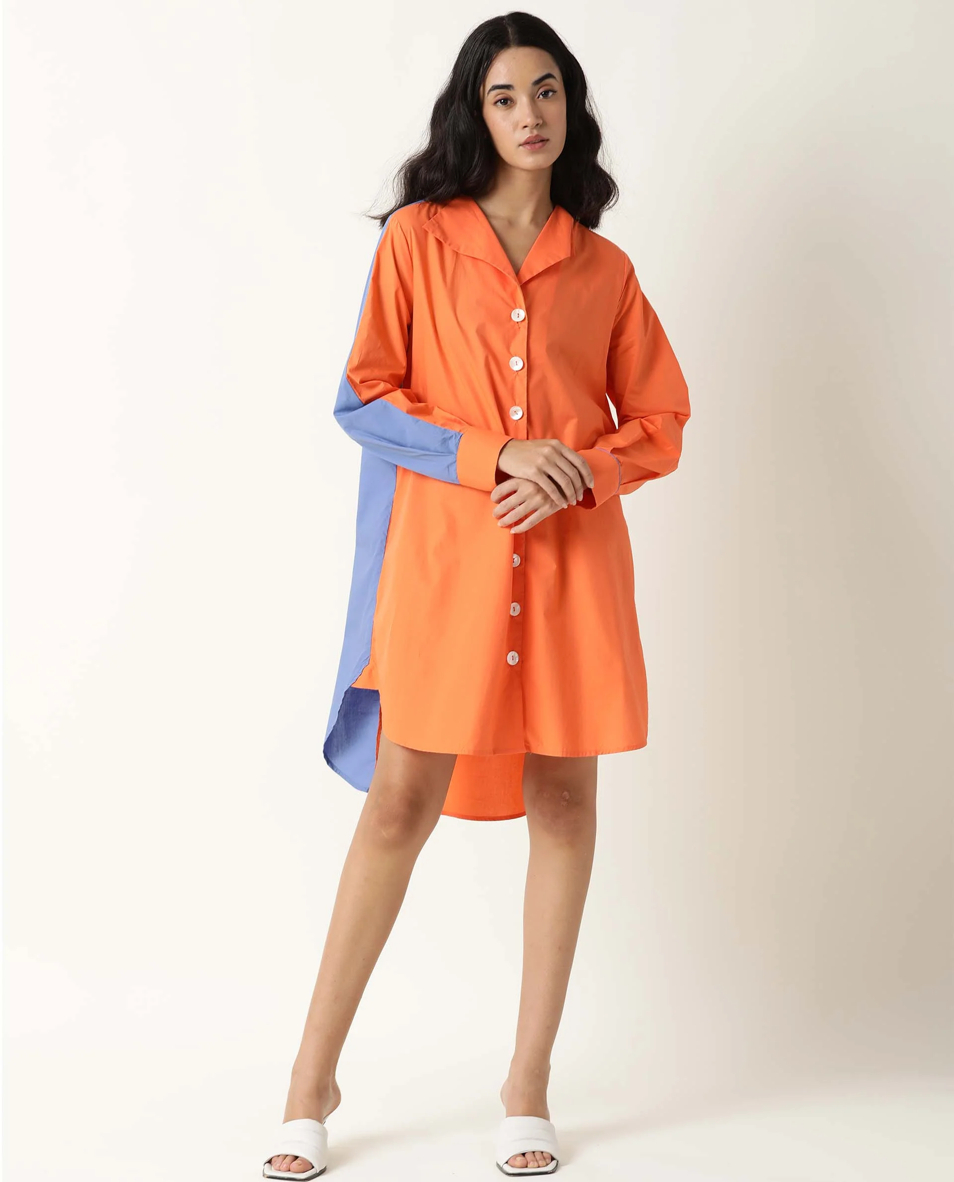 Rareism Women's Tally Orange Cotton Spread Collar Plain Cuffed Sleeve Mini Flared Dress - Image 7