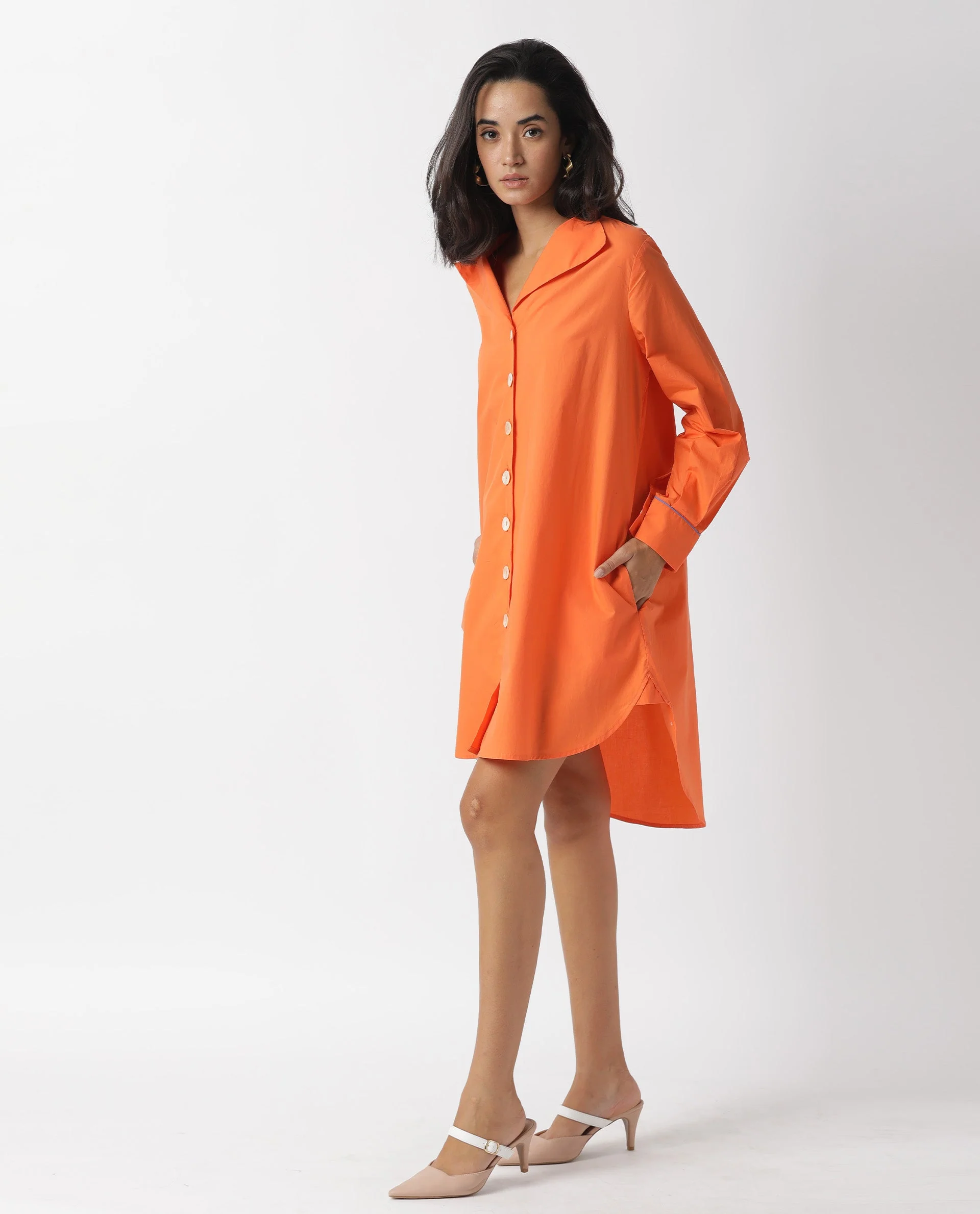 Rareism Women's Tally Orange Cotton Spread Collar Plain Cuffed Sleeve Mini Flared Dress - Image 9