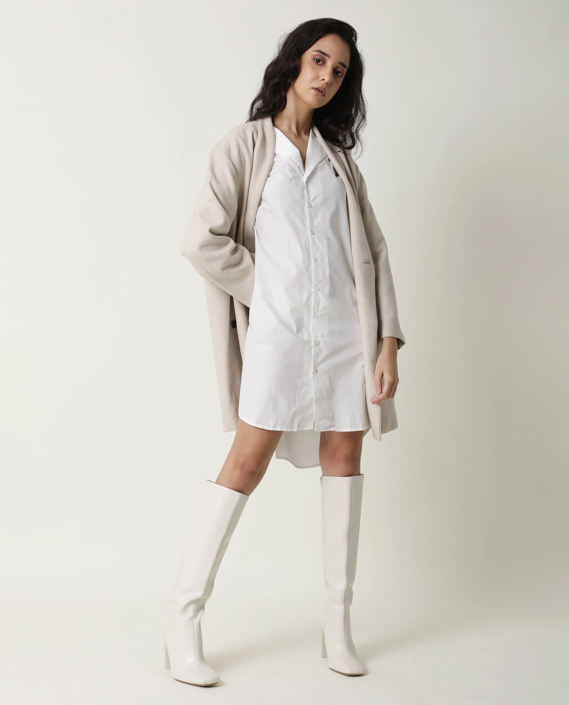 Rareism Women's Tally White Cotton Spread Collar Plain Cuffed Sleeve Mini Flared Dress - Image 10