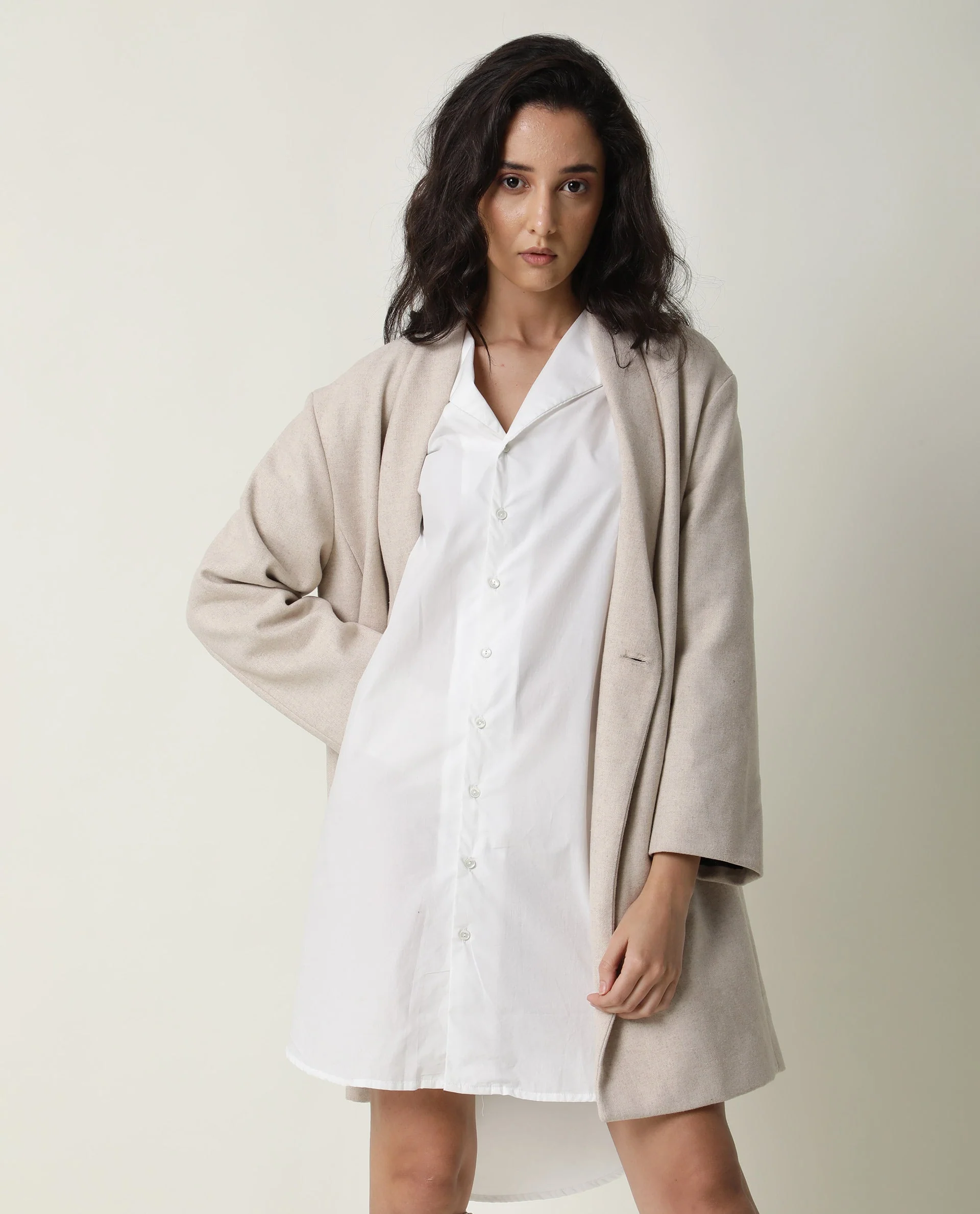 Rareism Women's Tally White Cotton Spread Collar Plain Cuffed Sleeve Mini Flared Dress - Image 12